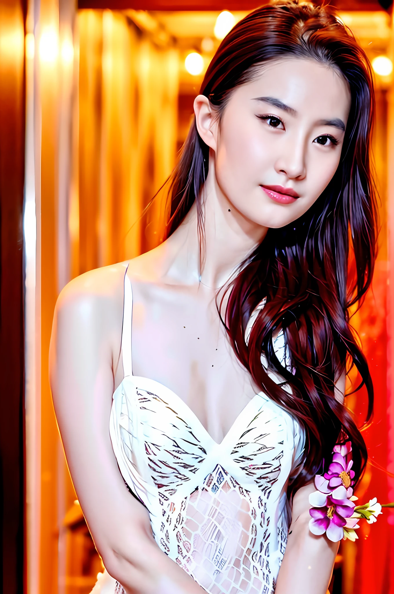 Gentle and charming Chinese beautiful woman, upper body photo, exquisite and sexy collarbone, charming oval face, double eyelids, smart peach blossom eyes, pink lips, small nose, bare shoulders, focused face, face close-up, ultra-high-definition, Super detailed, elegant standing, warm chiffon dress, matched with a denim vest, handsome yet sweet, very beautiful.