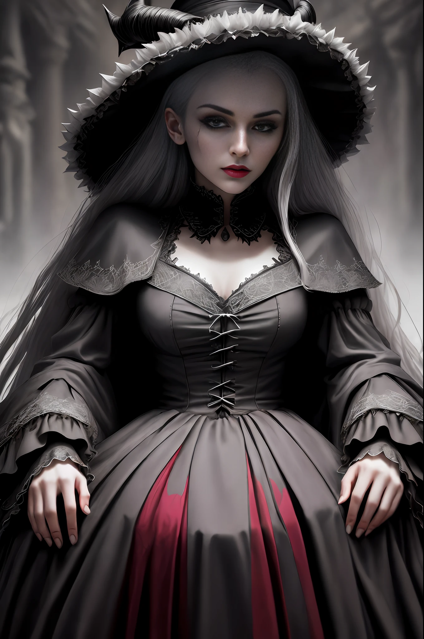 Dracula tribute photorealistic, full body professional photo, dark fantasy, highly detailed scary vampire woman dracula with white long hair wearing a black coat and ruffled shirt with a high collar, sitting on a bone chair with pointed horns, blood covered marble floor, intricate details and sharp, ((incredibly detailed face, incredibly detailed skin, incredibly  detailed eye)),((detailed facial features)),(covered in skulls) ,(lying on her back in a pit of skulls) ,(depth of field:0.8), ((sharp focus:1.4)),epic ambiant light, very dark lighting, extremely detailed eye and face, detailed background,8k resolution, cinematic, (by Bram STOKER)