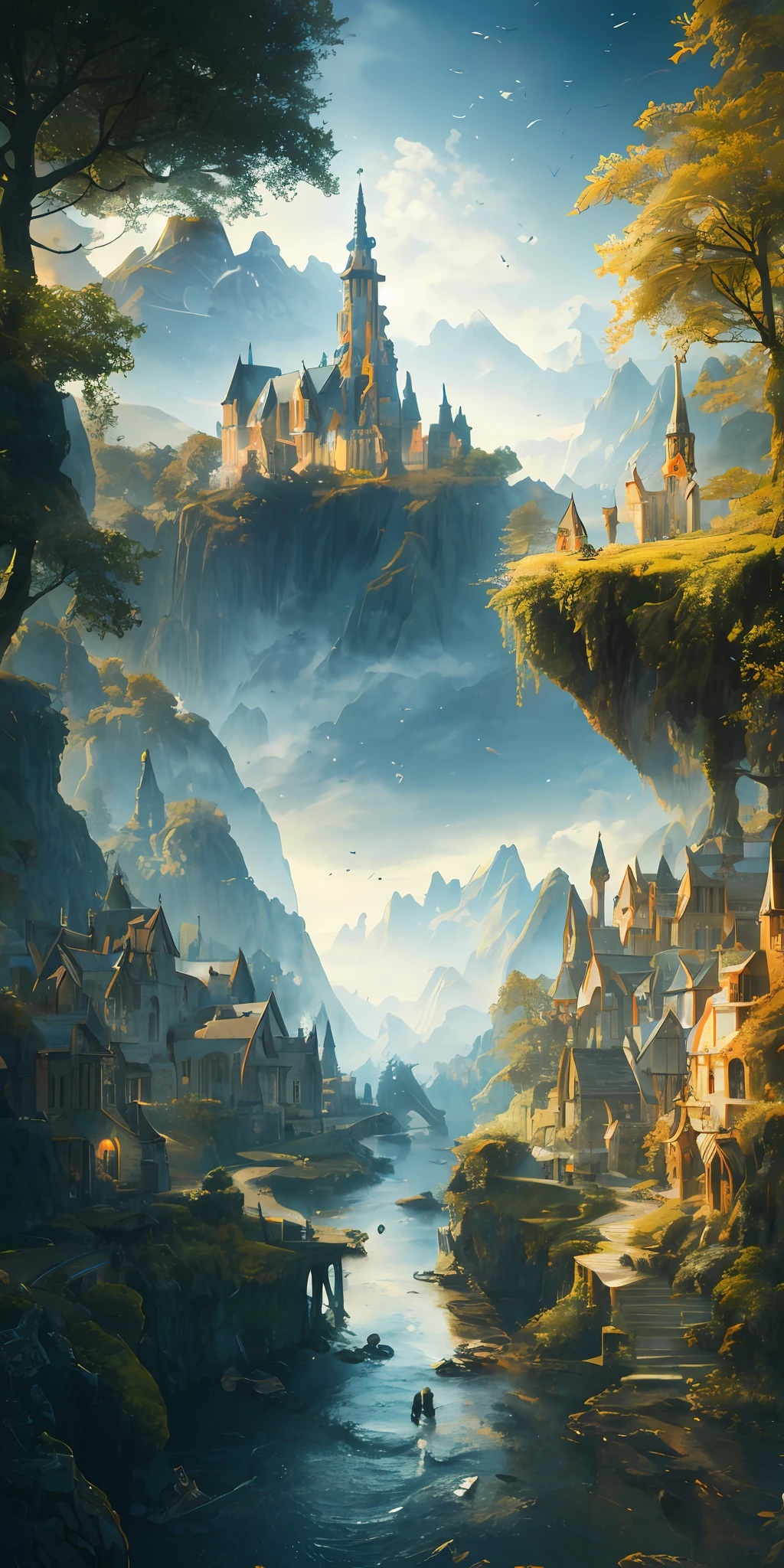 Masterpiece, best quality, high quality, extremely detailed CG unity 8k wallpaper, landscape, town, church, street, shop, woods, sky, cloud, sky, town dweller, mountain, landscape, water, tree, blue sky ,,, nature, cloudy sky, award winning photography, bokeh, depth of field, HDR, bloom, chromatic aberration, photorealism, very detailed, trending on artstation, trending on CGsociety, intricate, high detail, dramatic, midjourney art