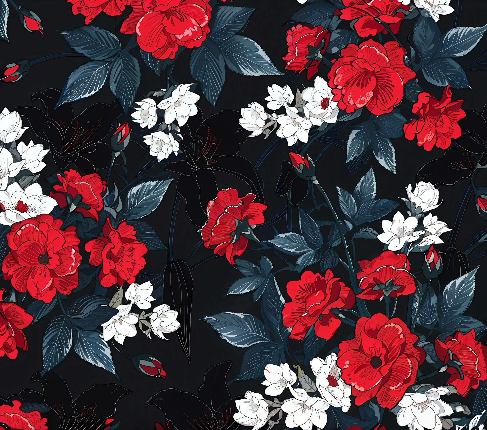 a close up of a red and white flower on a black background, dark flower pattern wallpaper, black and white and red colors, floral pattern, red and white flowers, black white and red colors, ornate floral, red blooming flowers, red and white and black colors, seamless pattern design, celestial red flowers vibe, neon floral pattern, white and red roses, red flowers