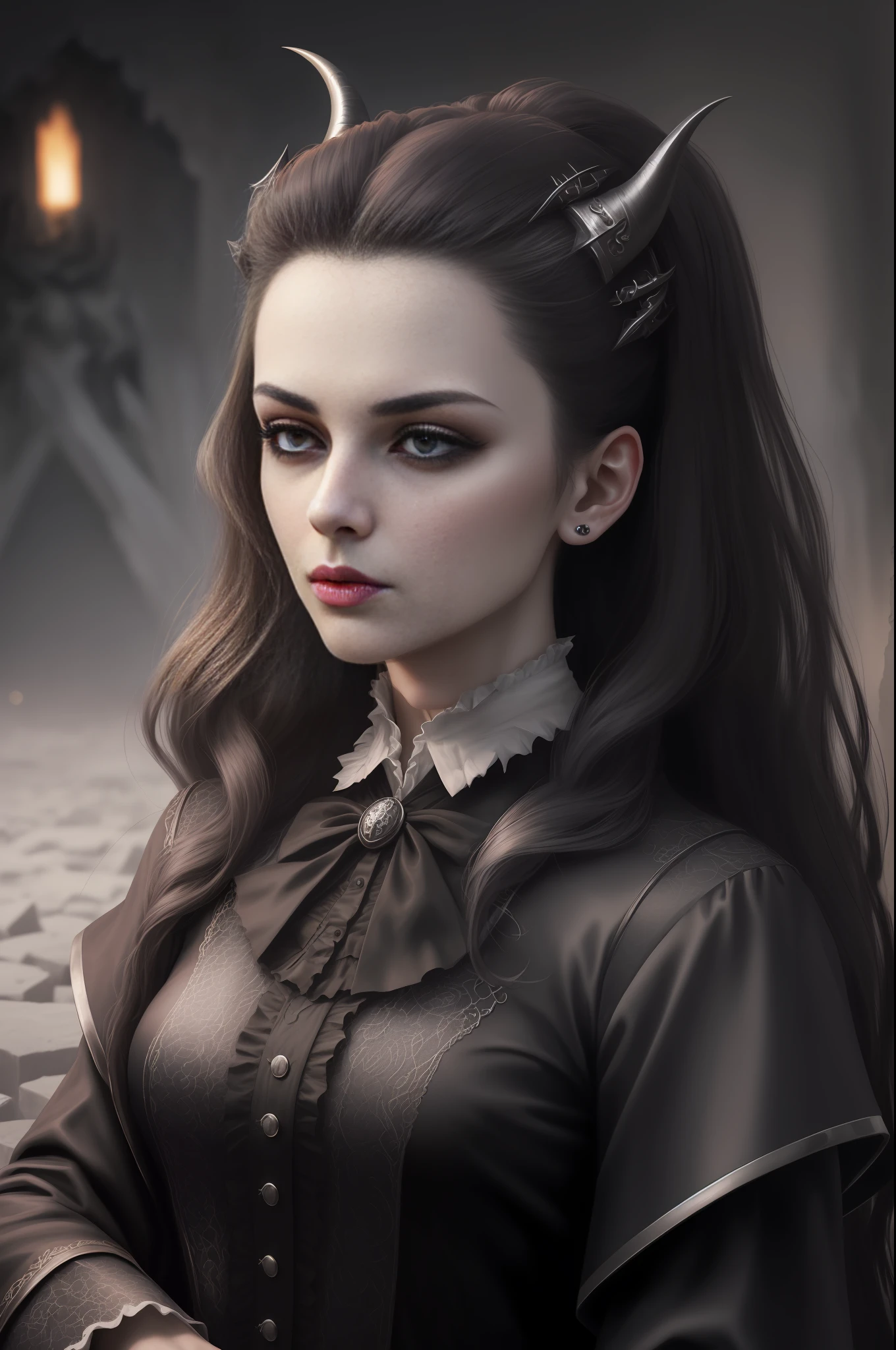 Dracula tribute photorealistic, full body professional photo, dark fantasy, highly detailed Stunning vampire young woman dracula with white long hair wearing a black coat and ruffled shirt with a high collar, sitting on a bone chair with pointed horns, blood covered marble floor, intricate details and sharp, ((incredibly detailed face, incredibly detailed skin, incredibly detailed eye)),((detailed facial features)),(covered in skulls) ,(lying on her back in a pit of skulls) ,(depth of field:0.8), ((sharp focus:1.4)),epic ambiant light, very dark lighting, extremely detailed eye and face, detailed background,8k resolution, cinematic, (by Bram STOKER)