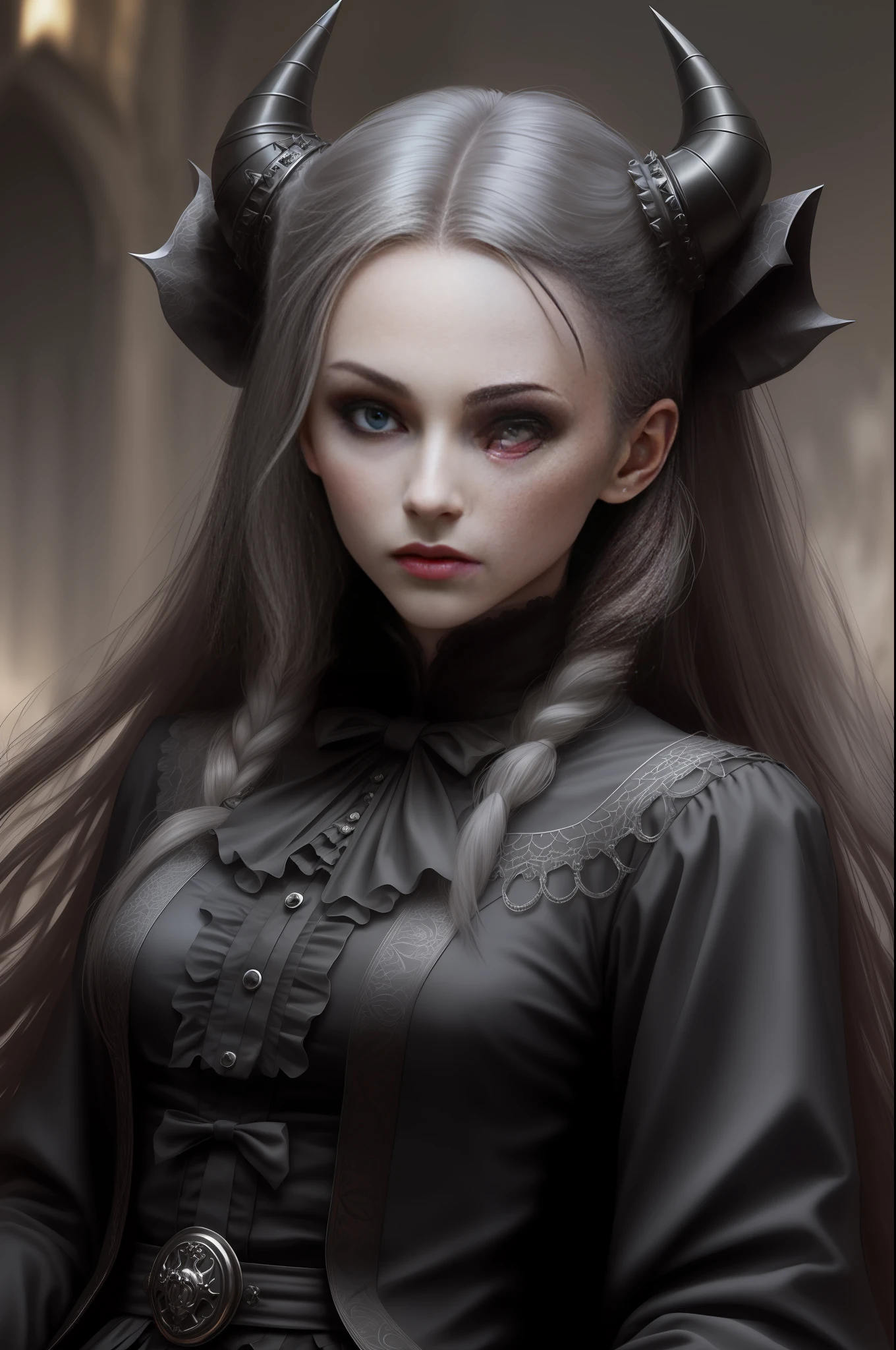 Dracula tribute photorealistic, full body professional photo, dark fantasy, highly detailed Stunning vampire young woman dracula with white long hair wearing a black coat and ruffled shirt with a high collar, sitting on a bone chair with pointed horns, blood covered marble floor, intricate details and sharp, ((incredibly detailed face, incredibly detailed skin, incredibly  detailed eye)),((detailed facial features)),(covered in skulls) ,(lying on her back in a pit of skulls) ,(depth of field:0.8), ((sharp focus:1.4)),epic ambiant light, very dark lighting, extremely detailed eye and face, detailed background,8k resolution, cinematic, (by Bram STOKER)