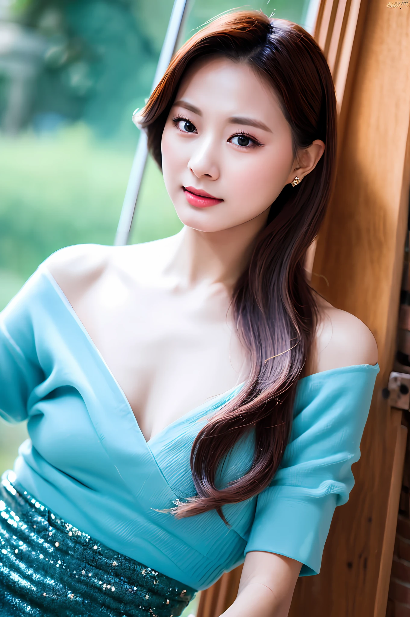 Gentle and charming Chinese beautiful woman, upper body photo, exquisite and sexy collarbone, charming oval face, double eyelids, smart peach blossom eyes, pink lips, small nose, bare shoulders, focused face, face close-up, ultra-high-definition, Super detailed, elegant standing, warm chiffon dress, matched with a denim vest, handsome yet sweet, very beautiful.