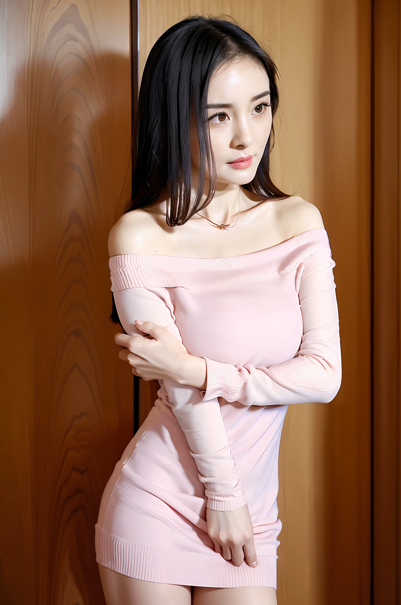 Gentle and charming Chinese beautiful woman, upper body photo, exquisite and sexy collarbone, charming oval face, double eyelids, smart peach blossom eyes, pink lips, small nose, bare shoulders, focused face, face close-up, ultra-high-definition, Super detailed, elegant standing posture, off-the-shoulder loose sweater and tight dress, which shows a slender waist very well, and a pair of knee-high boots on the lower body, showing off slender legs