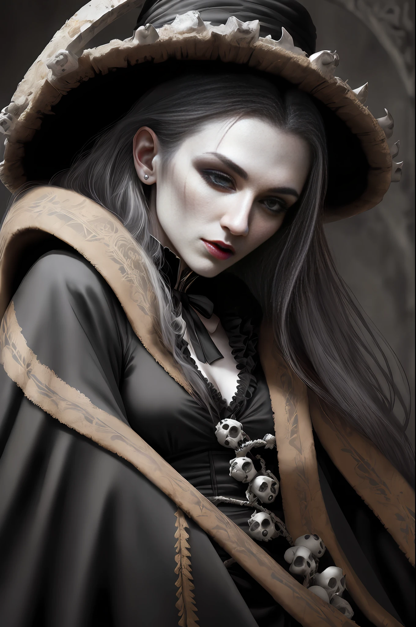 Dracula tribute photorealistic, full body professional photo of nude, dark fantasy, highly detailed Stunning vampire young woman dracula with white long hair wearing a black coat and ruffled shirt with a high collar, sitting on a bone chair with pointed horns, blood covered marble floor, intricate details and sharp, ((incredibly detailed face, incredibly detailed skin, incredibly detailed eye)),((detailed facial features)),(covered in skulls) ,(lying on her back in a pit of skulls) ,(depth of field:0.8), ((sharp focus:1.4)),epic ambiant light, very dark lighting, extremely detailed eye and face, blured background,8k resolution, cinematic, (by Bram STOKER)
