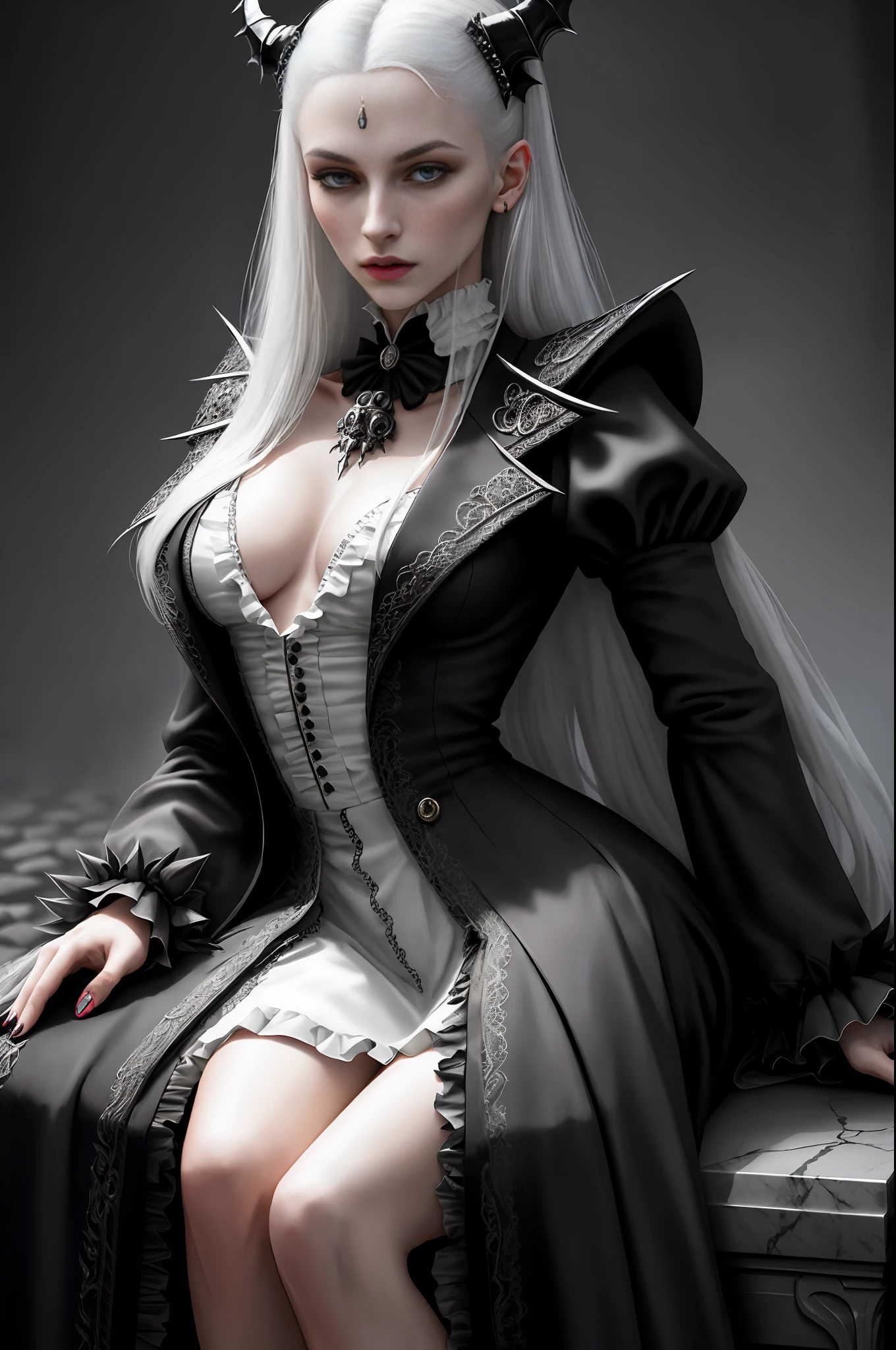 Dracula tribute photorealistic, full body professional photo of nude, dark fantasy, highly detailed Stunning vampire young woman dracula with white long hair wearing a black coat and ruffled shirt with a high collar, sitting on a bone chair with pointed horns, blood covered marble floor, intricate details and sharp, ((incredibly detailed face, incredibly detailed skin, incredibly detailed eye)),((detailed facial features)),(covered in skulls) ,(lying on her back in a pit of skulls) ,(depth of field:0.8), ((sharp focus:1.4)),epic ambiant light, very dark lighting, extremely detailed eye and face, blured background,8k resolution, cinematic, (by Bram STOKER)