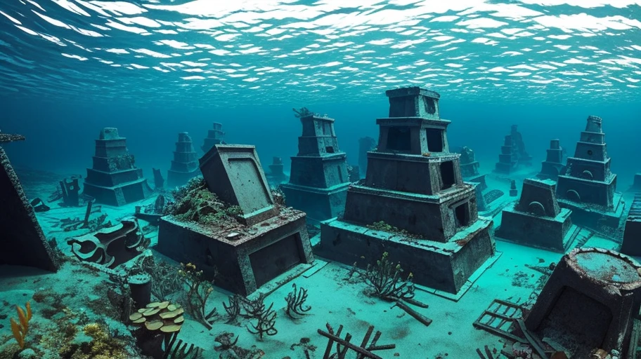 The Bermuda underwater graveyard is a haunting and eerie place, filled with the remnants of sunken planes and ships from both ancient and modern times. The deep-sea creatures that inhabit the area add to the ominous atmosphere, lurking in the shadows and darting in and out of the twisted metal wreckage. The colors of the graveyard are muted and somber, with rusted metal and decaying wood creating a sense of decay and abandonment. Despite the stillness of the water, there is a sense of unease and danger that permeates the area, as if the spirits of those lost at sea still linger in the murky depths. The graveyard is a place of mystery and intrigue, with hidden secrets waiting to be uncovered by those brave enough to explore its depths,ocean floor dark murky rocks boulders kelp , --v 6