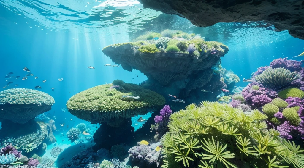 The color is blue-green gradient plus sunny yellow: 2, CG images with extreme details, depicting an underwater world full of peace and tranquility, majestic and awe-inspiring creatures are not bound by gravity among the floating plants and creatures, details Intricate, delicate structures and patterns that require careful observation to appreciate. The sunlight shining through the water creates a mysterious and ethereal glow in which hidden caves and mysterious creatures seem to exist beyond our own realm. (Ocean world full of vitality): unpredictable tones and patterns, wonderful plants and creatures, (clear picture quality and textures), fluorescent colors, charming audiovisual (undersea scenery), marine life and benthic plants walk through it , people can't help but be intoxicated. --v 6
