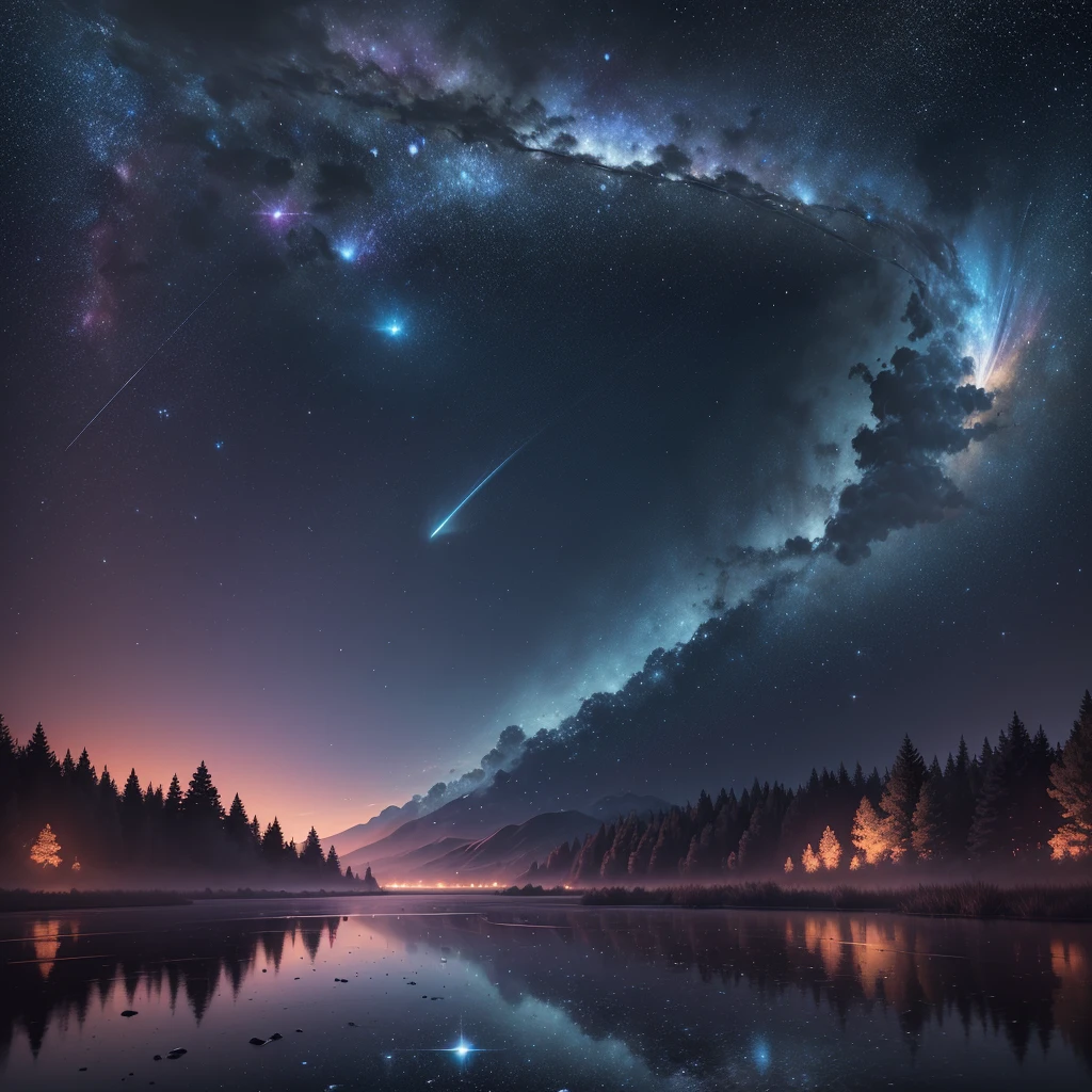 In the dark night, meteors shine. 8k HD digital art, unique 4k digital art, digital art widescreen 8k, 4k detailed digital art. Glowing matte painting, 4k hd wallpaper, concept art 8k resolution, concept art 8k resolution - --v 6
