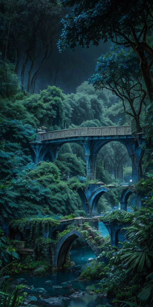 Medieval bridge in ominous blue-green jungle, bohemian modern village, photorealistic and detailed, 8k quality, National Geographic photo, overcast weather, medium distance, bridge perspective. --v 6