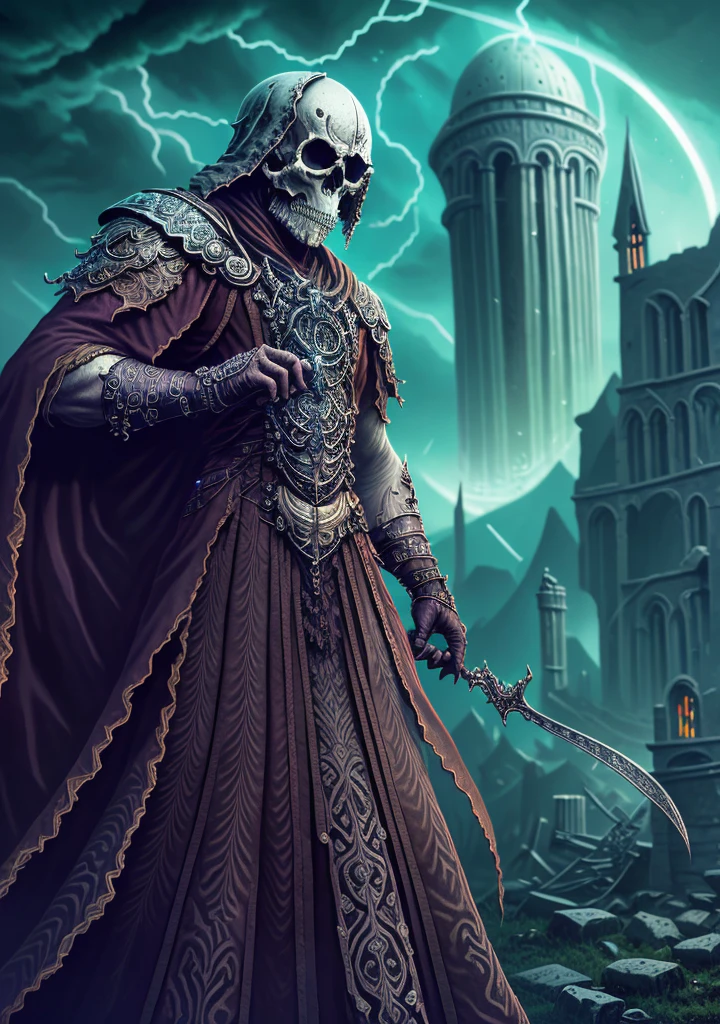 (very detailed 8k wallpaper), vista shot of a scary necromancer with ruins in the background, full body, intricate, high detail, dramatic, illustration, master drawing, fantasy art, Artstation Trends --v 6