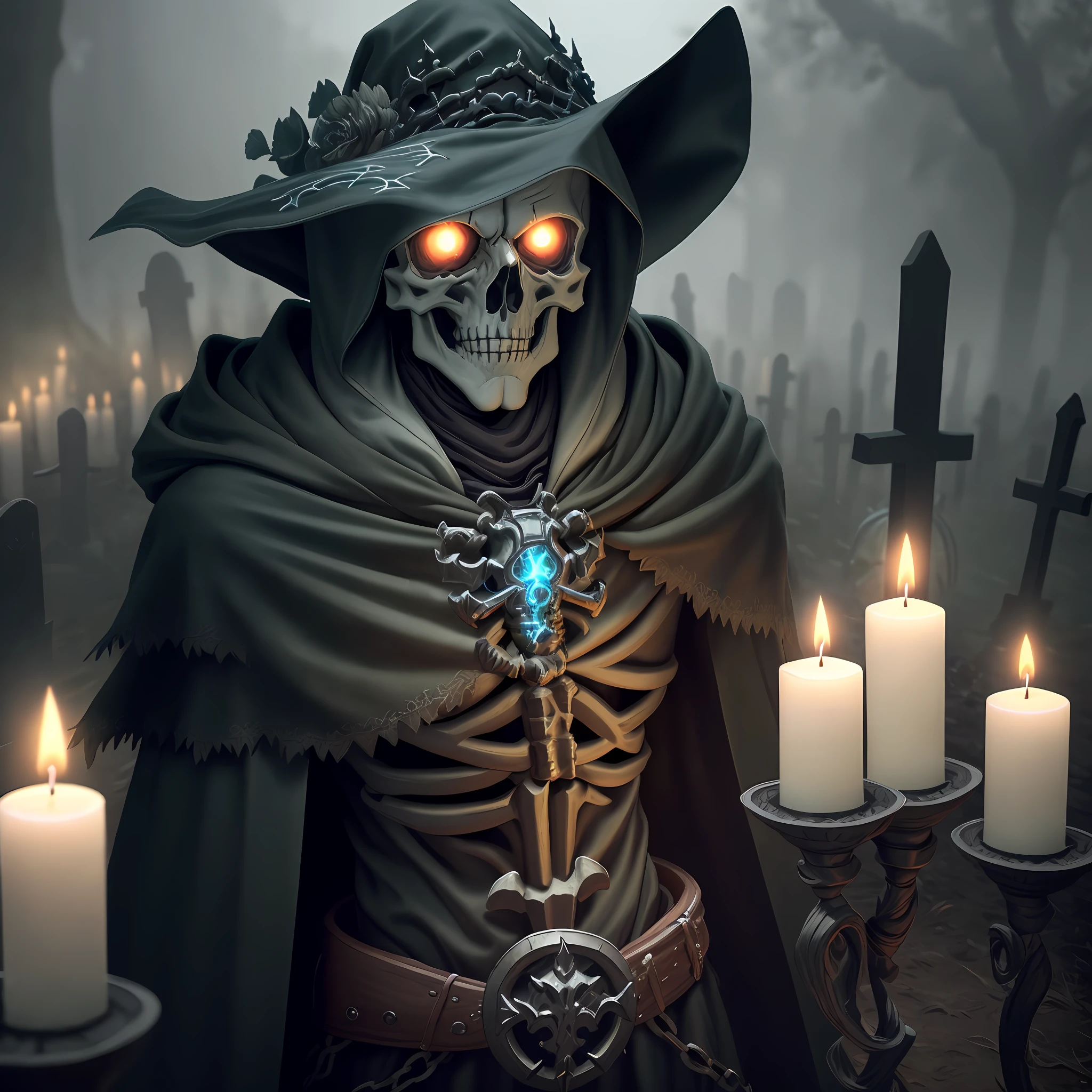 1boy, cowboy shot of skeleton necromancer, glowing eyes, lich, hood on, candles, green spell, fog, mist, graveyard,mist, fog, flag, volumetric lighting, best quality, masterpiece, intricate details, tonemapping, sharp focus, very detailed, trending on Artstation, realistic,