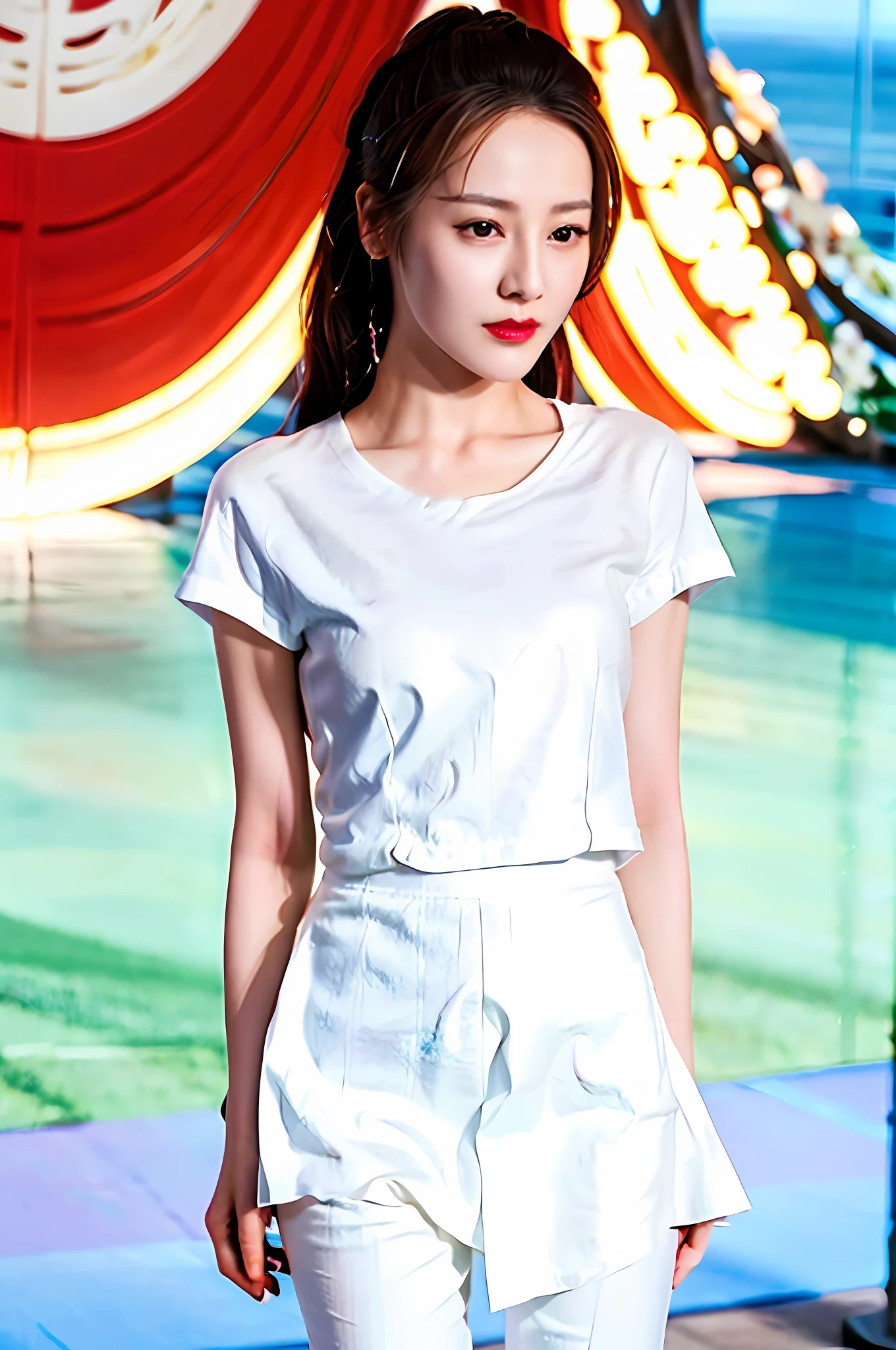 Gentle and charming Chinese beautiful woman, upper body photo, exquisite and sexy collarbone, charming oval face, double eyelids, smart peach blossom eyes, pink lips, small nose, bare shoulders, focused face, face close-up, ultra-high-definition, Super details, elegant posture, classic and versatile white shirt, spring mm should start with one, exquisite lapel, very cute, with skinny jeans and white canvas shoes, simple and elegant outfit, looks clean It&#39;s very comfortable.