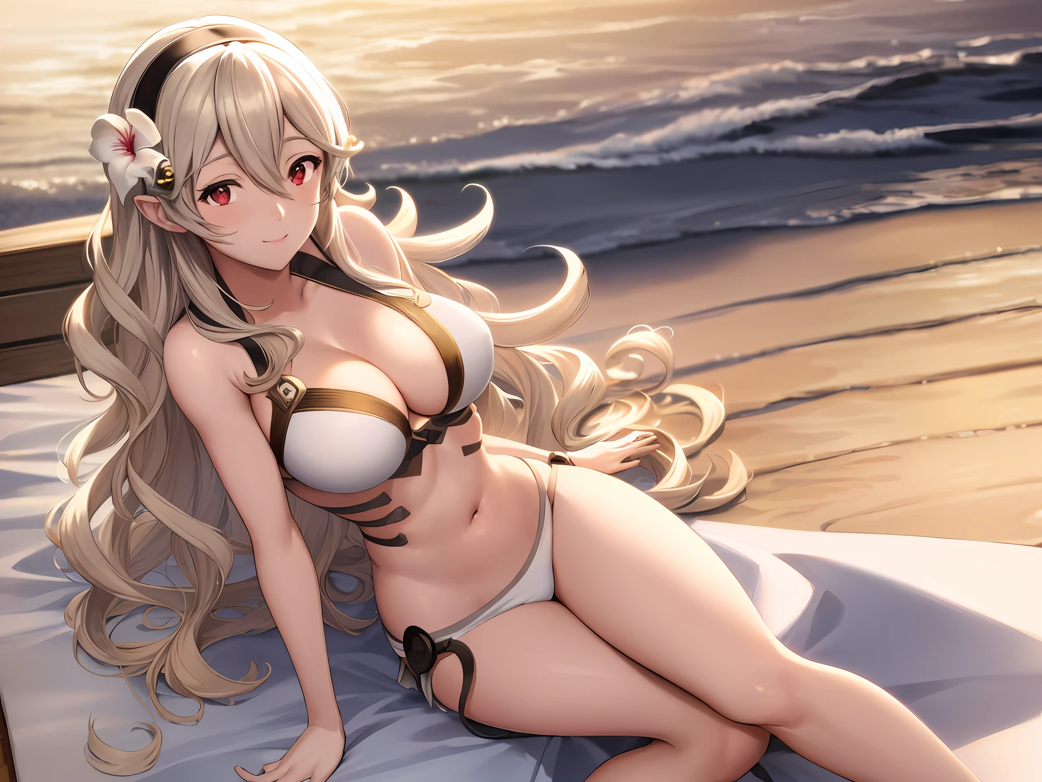 masterpiece, ultra high quality cg, anime, best quality, perfect image, solo, on the beach, ocean in view, sitting, smile, indoors, corrin (female), white bikini, hair flower, large breasts,