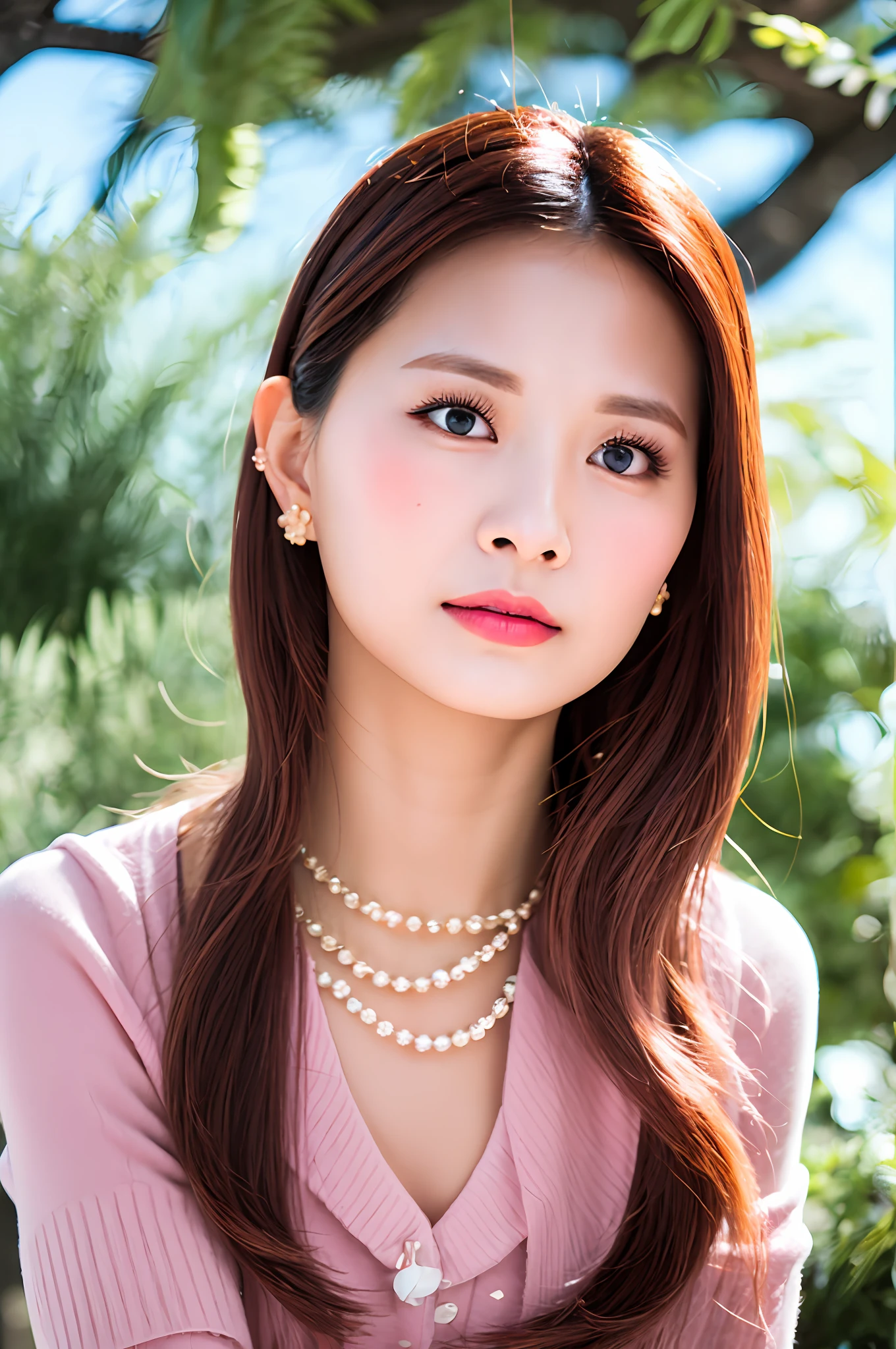 Gentle and charming Chinese beautiful woman, upper body photo, exquisite and sexy collarbone, charming oval face, double eyelids, smart peach blossom eyes, pink lips, small nose, bare shoulders, focused face, face close-up, ultra-high-definition, Super details, elegant standing, pink pullover sweater and light blue denim shirt, mix and match is also very fashionable, with white leggings and loafers underneath, casual and comfortable match