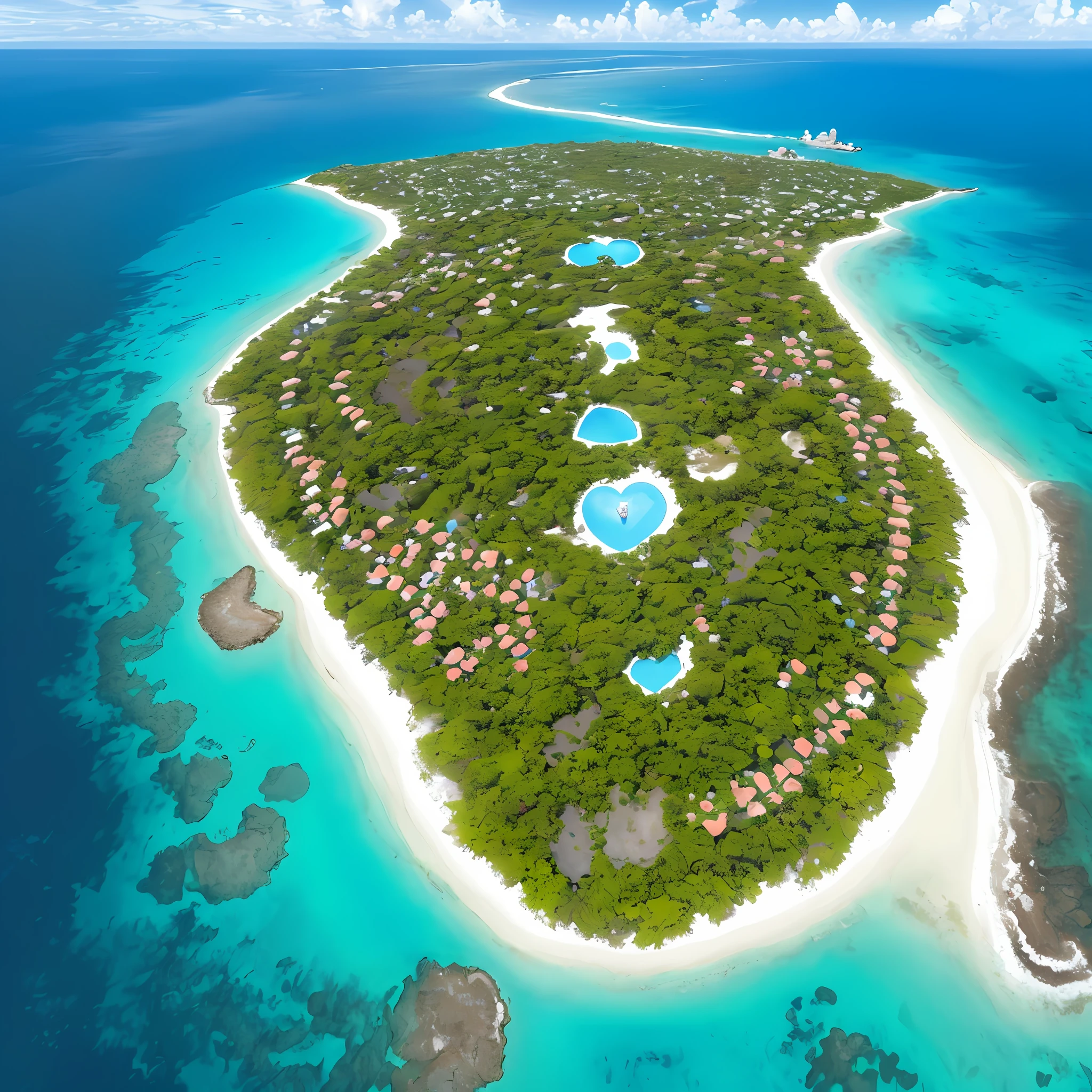 Super distant view, bird's eye view, a small island in the sea, with sandy beaches, coconut groves, blue sky, the shape of the island is a heart, high resolution, best quality, professional, high detail, 8K, high definition
