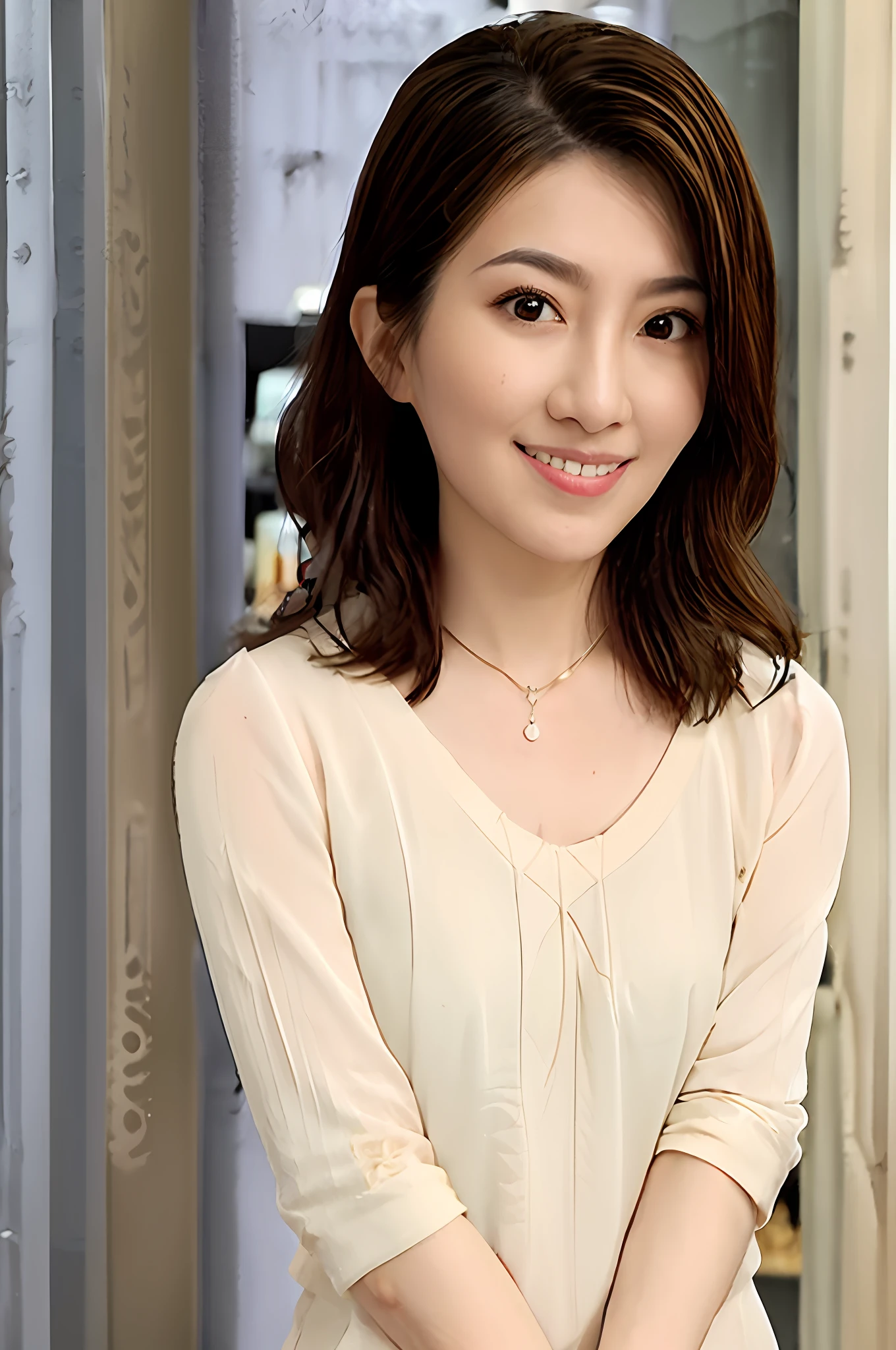 Gentle and charming Chinese beautiful woman, upper body photo, exquisite and sexy collarbone, charming oval face, double eyelids, smart peach blossom eyes, pink lips, small nose, bare shoulders, focused face, face close-up, ultra-high-definition, Super details, elegant standing, a minimalist twisted long-sleeved knitted sweater, a simple shirt dress, fashionable dress, casually carrying a stylish bag with letters, very casual
