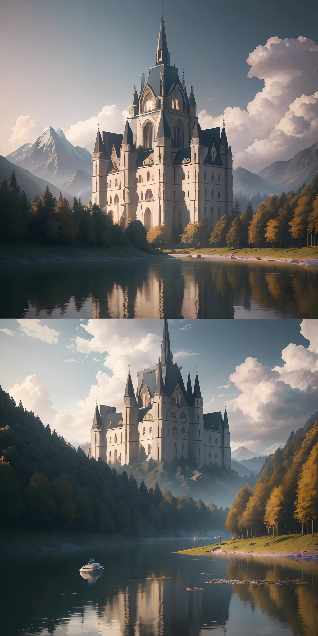 Masterpiece, best quality, high quality, extremely detailed CG unity 8k wallpaper, landscape, town, church, street, shop, woods, sky, cloud, sky, town dweller, mountain, landscape, water, tree, blue sky ,,, nature, cloudy sky, award winning photography, bokeh, depth of field, HDR, bloom, chromatic aberration, photorealism, very detailed, trending on artstation, trending on CGsociety, intricate, high detail, dramatic, midjourney art