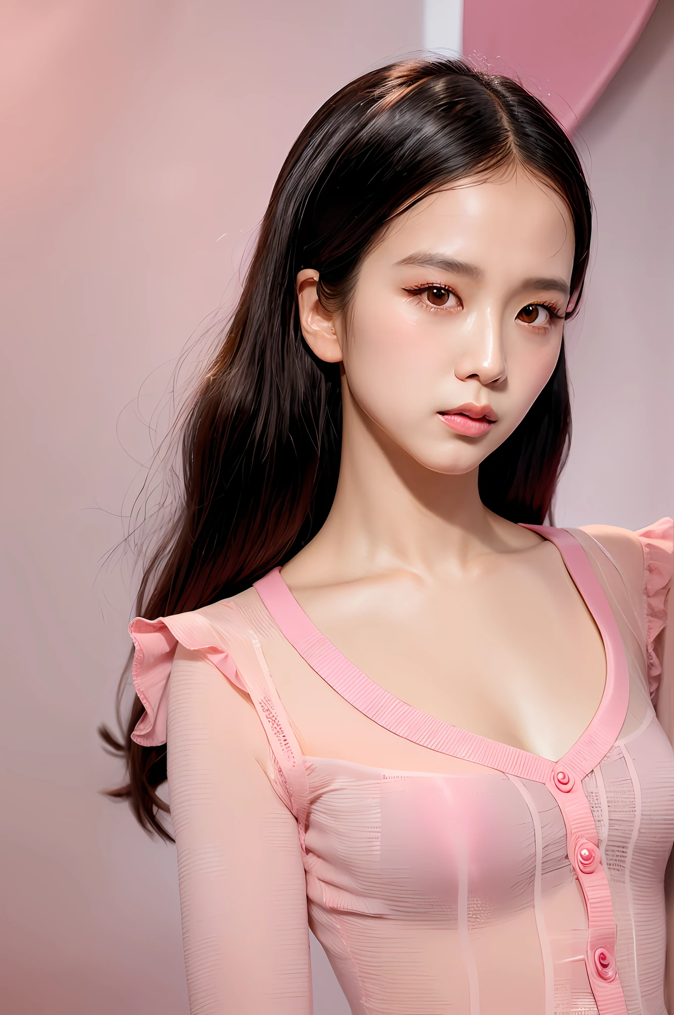 Gentle and charming Chinese beautiful woman, upper body photo, exquisite and sexy collarbone, charming oval face, double eyelids, smart peach blossom eyes, pink lips, small nose, bare shoulders, focused face, face close-up, ultra-high-definition, Super detailed, elegant standing, wearing a capable pink suit jacket, wearing a pink fluffy dress inside, very sweet and charming, with high heels to elongate the legs