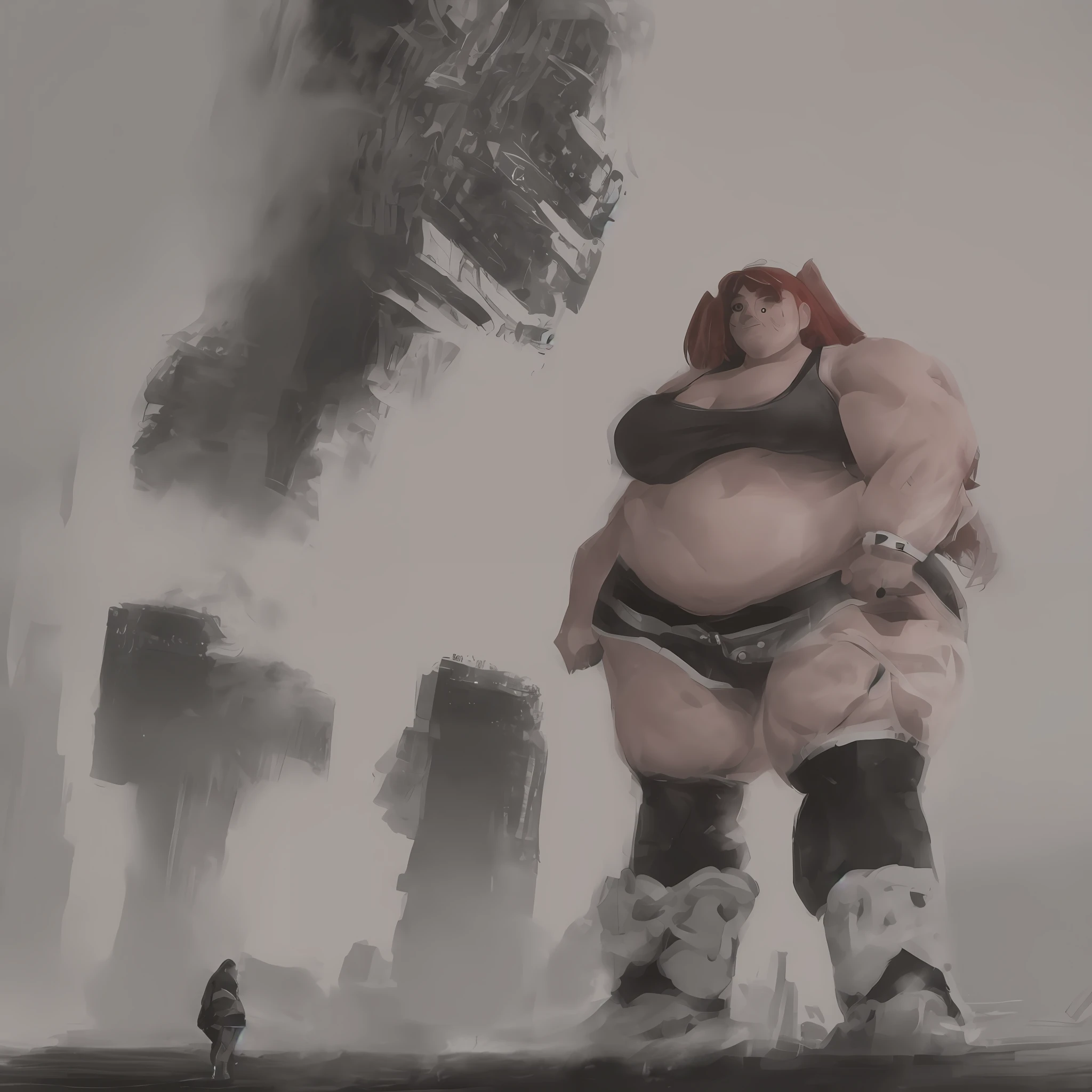 full body picture, giantess, big arms, muscular, muscular arms, huge arms, wide hips, extreme body proportions, ultraviolent muscular female, hyper muscles, thick thighs, punk girl, strongfat, musclegut, from below, towering over viewer, buff