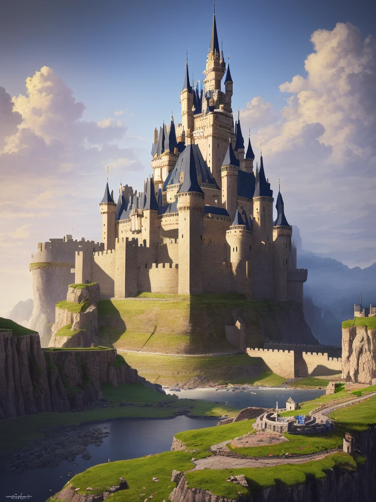 ((best quality)), ((masterpiece)), ((realistic)), fantasy kingdom, castle, citadel, landscape, wide shot, illustration, highly detailed, sharp focus, digital render, professional, 4k, artstation,