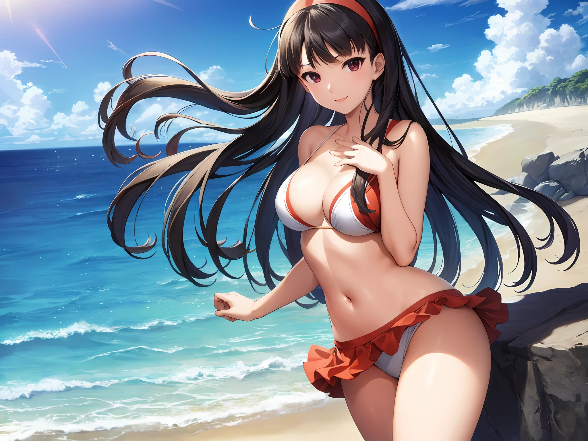 masterpiece, ultra high quality cg, anime, best quality, perfect image, solo, on the beach, ocean in view, smiling, yukiko amagi, white bikini, large breasts,