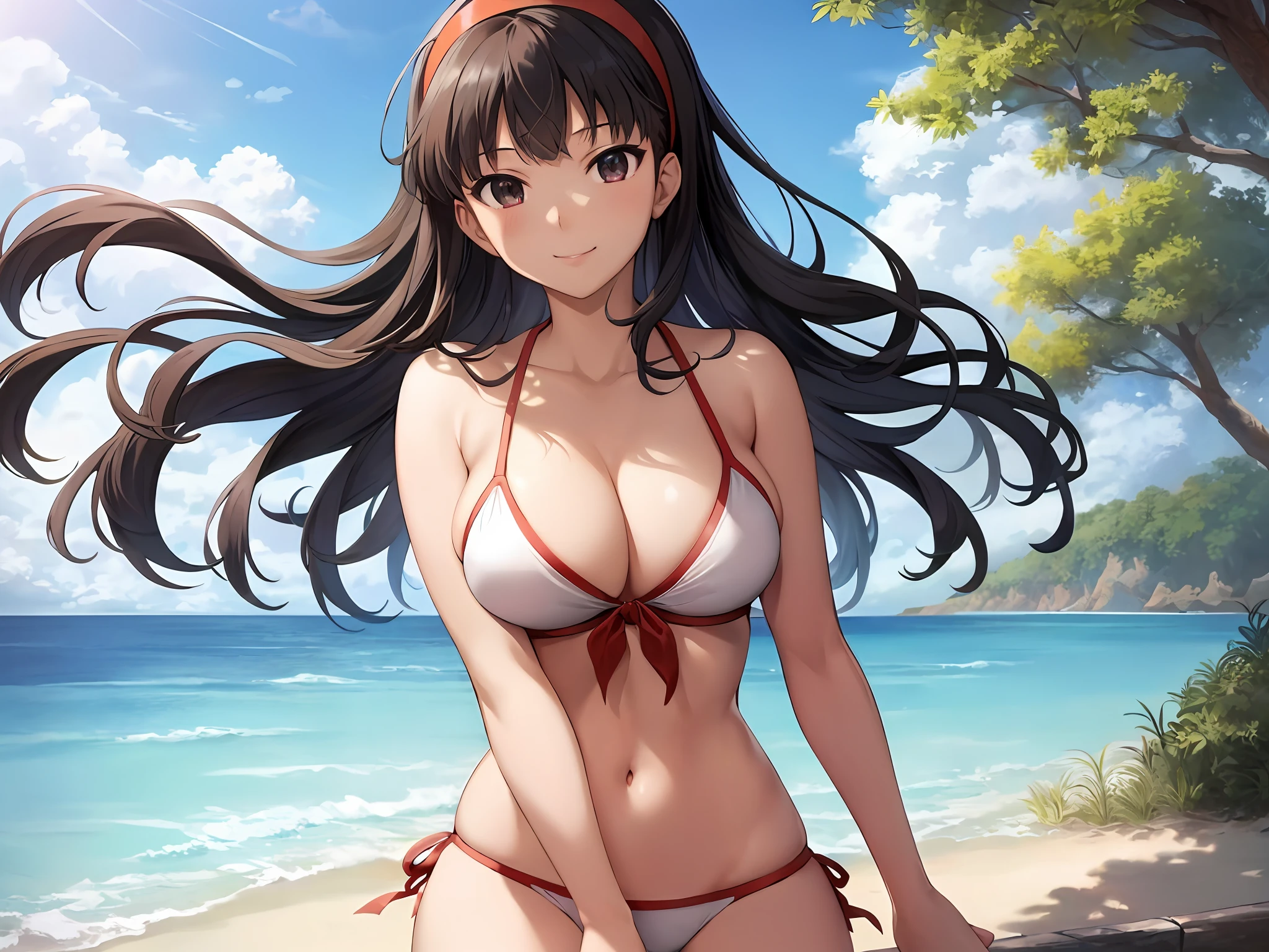 masterpiece, ultra high quality cg, anime, best quality, perfect image, solo, on the beach, ocean in view, smiling, yukiko amagi, white bikini, large breasts,