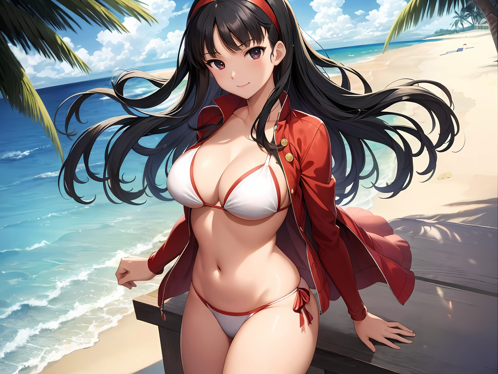 masterpiece, ultra high quality cg, anime, best quality, perfect image, solo, on the beach, ocean in view, smiling, yukiko amagi, white bikini, large breasts,