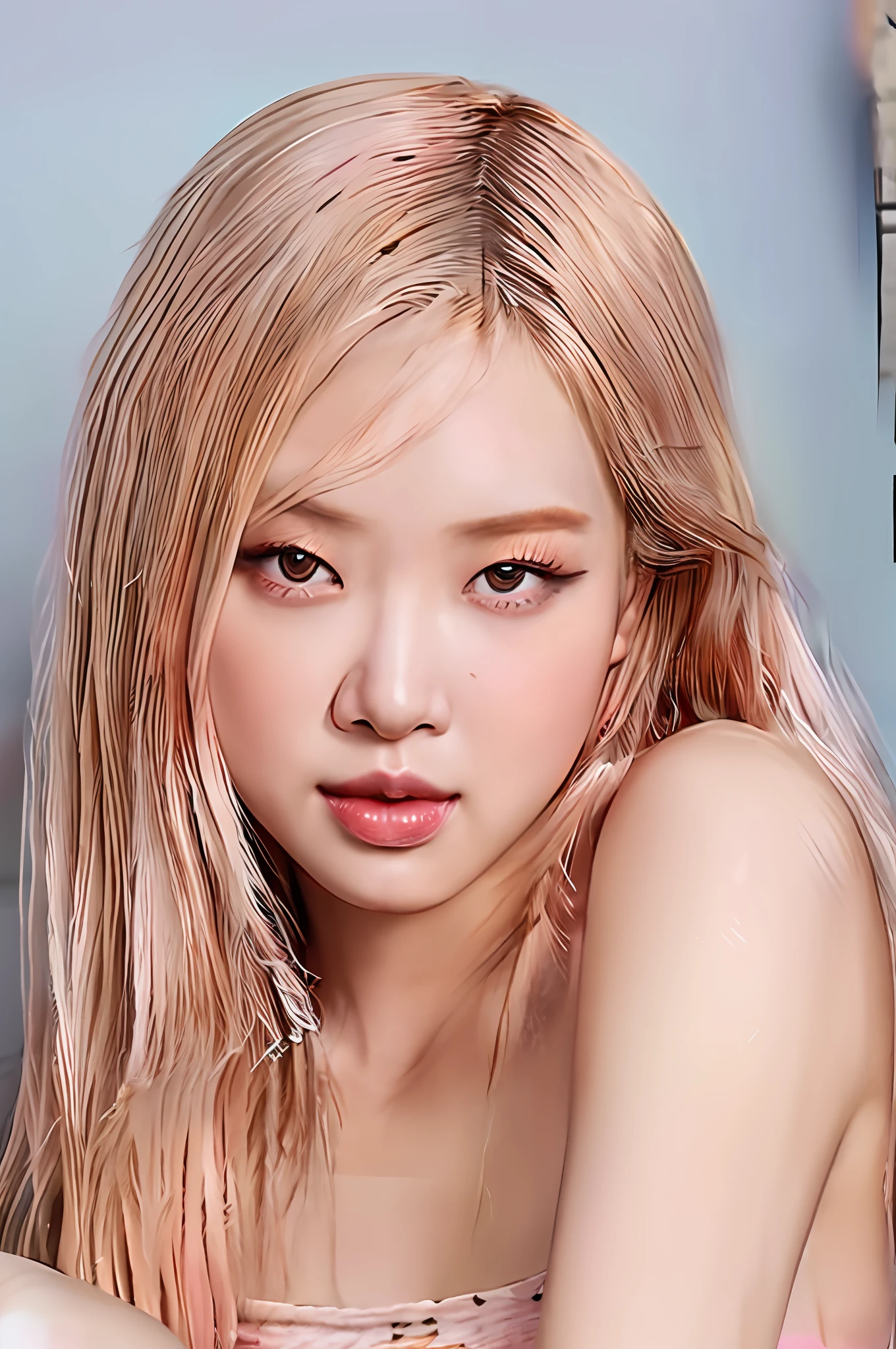 Gentle and charming Chinese beautiful woman, upper body photo, exquisite and sexy collarbone, charming oval face, double eyelids, smart peach blossom eyes, pink lips, small nose, bare shoulders, focused face, face close-up, ultra-high-definition, Super detailed, elegant standing, wearing a capable pink suit jacket, wearing a pink fluffy dress inside, very sweet and charming, with high heels to elongate the legs