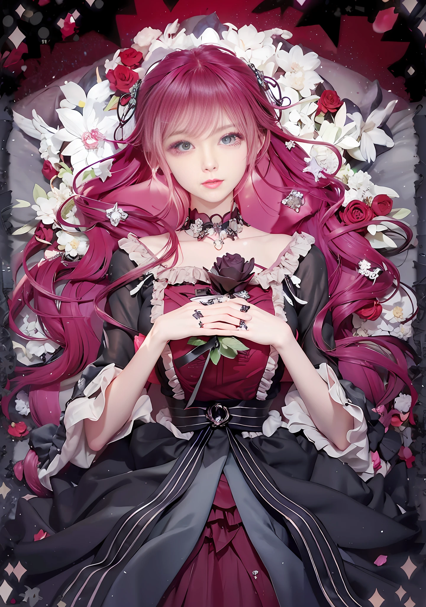 a close up of a person with a flower in their hand, gothic maiden anime girl, marin kitagawa fanart, rias gremory, 1 7 - year - old anime goth girl, (anime girl), anime princess, anime visual of a cute girl, anime key visual of elegant, portrait of magical girl, anime cover, shalltear from overlord