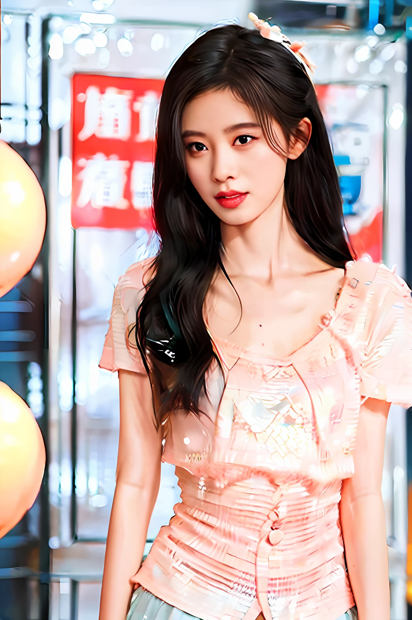 Gentle and charming Chinese beautiful woman, upper body photo, exquisite and sexy collarbone, charming oval face, double eyelids, smart peach blossom eyes, pink lips, small nose, bare shoulders, focused face, face close-up, ultra-high-definition, Super details, elegant standing, dark denim jacket, classic style, with shirt and plaid skirt, fresh and sweet