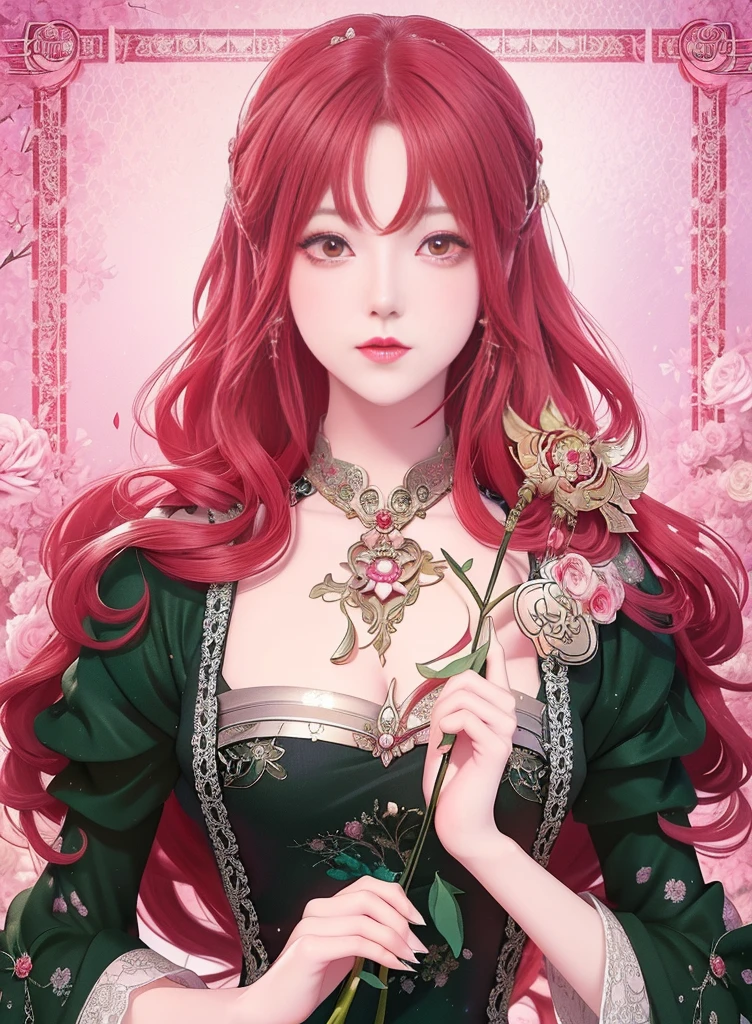 a close up of a woman with long red hair holding a rose, in the art style of bowater, anime art nouveau, korean art nouveau anime, beautiful alluring anime woman, sui ishida art manga, beautiful anime woman, marin kitagawa fanart, detailed anime character art, colored manga art, digital manga art, ((a beautiful fantasy empress))