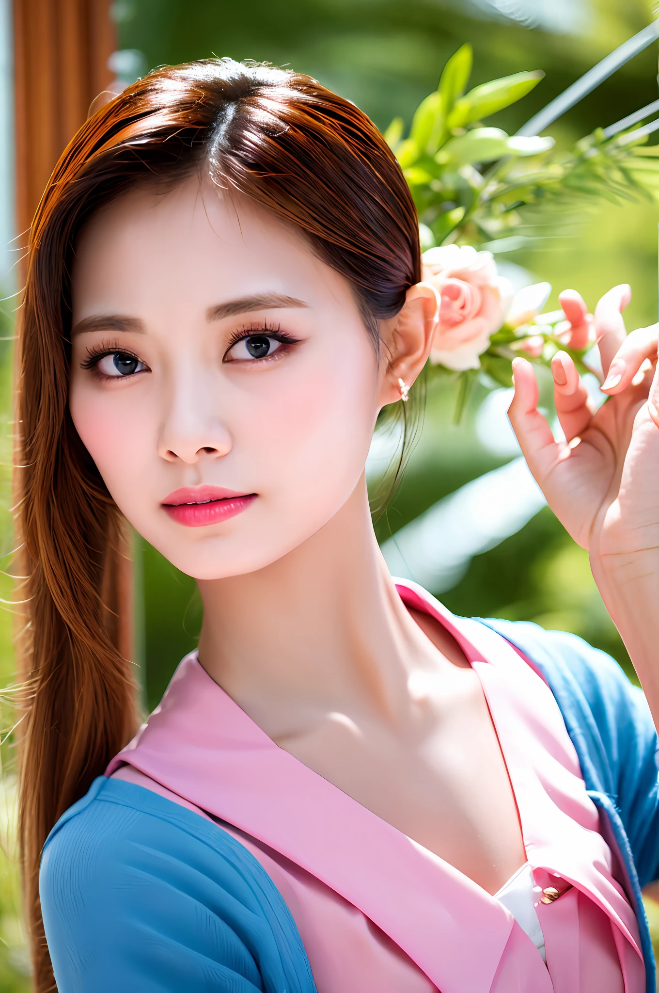 Gentle and charming Chinese beautiful woman, upper body photo, exquisite and sexy collarbone, charming oval face, double eyelids, smart peach blossom eyes, pink lips, small nose, bare shoulders, focused face, face close-up, ultra-high-definition, Super details, elegant standing, dark denim jacket, classic style, with shirt and plaid skirt, fresh and sweet
