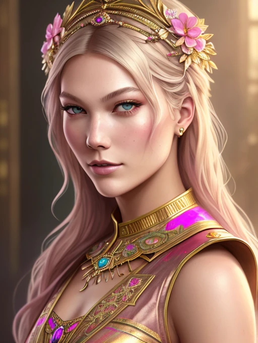 snthwve style nvinkpunk (portrait of floral:1.05) Karlie Kloss as a beautiful goddess, (assassins creed style:0.8), pink and gold and opal color scheme, beautiful intricate filegrid facepaint, intricate, elegant, highly detailed, digital painting, artstation, concept art, smooth, sharp focus, illustration, art by greg rutkowski and alphonse mucha, 8k