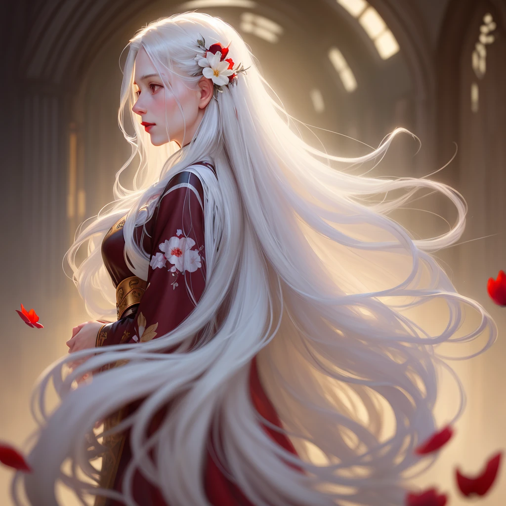 Perfect profile, red lips, silver pupils, messy flowing hair, long white hair, falling flowers, (backlight), realistic, masterpiece, highest quality, lens flare, shadow, bloom, [[chromatic aberration]], Jeremy Lipking , Antonio J. Manzanedo, (Alphonse Mucha), digital painting, thin and pale, long flowing hair, wearing a red cheongsam, upper body