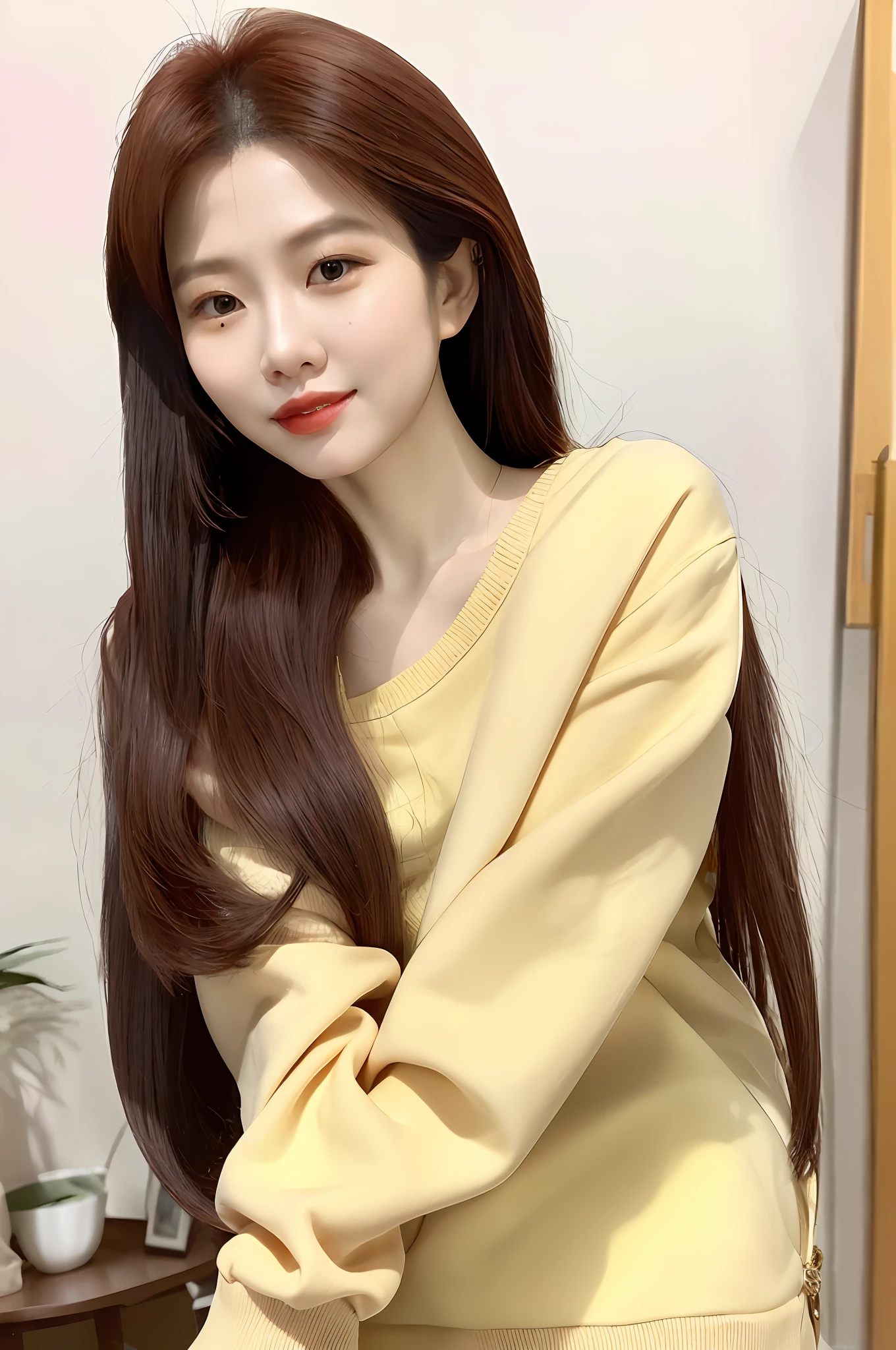 Gentle and charming Chinese beautiful woman, upper body photo, exquisite and sexy collarbone, charming oval face, double eyelids, smart peach blossom eyes, pink lips, small nose, bare shoulders, focused face, face close-up, ultra-high-definition, Super details, elegant standing, collarless denim jacket, simple line design, matching with yellow sweater and white dress, the overall look is bright, lively and beautiful.