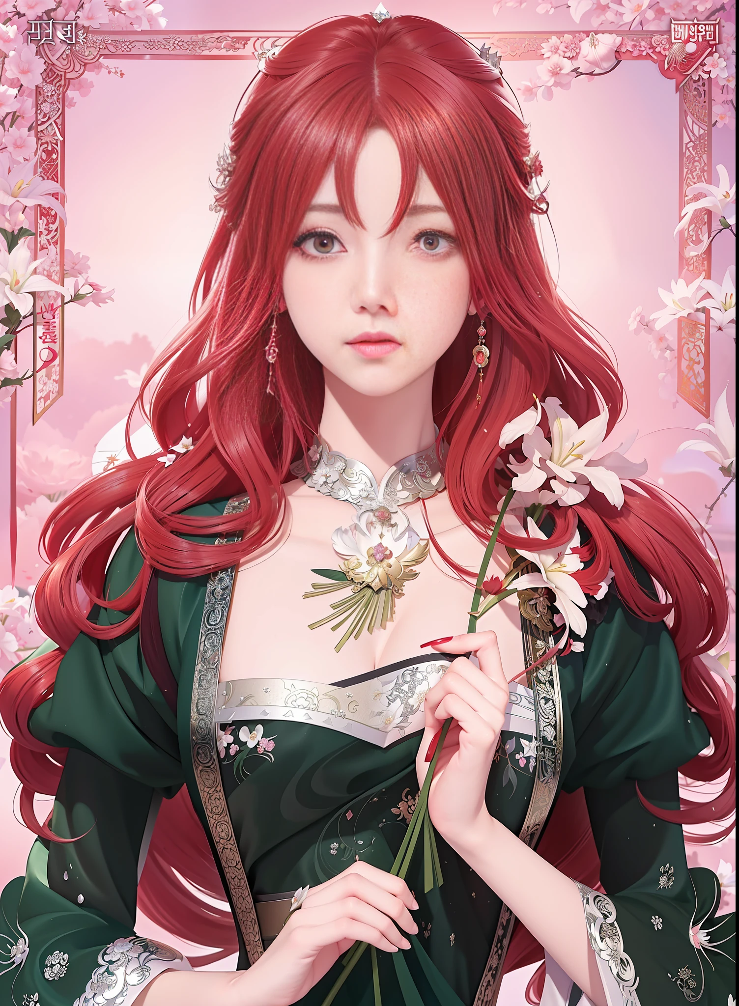a close-up of a woman with long red hair holding a bouquet of White lilies, in the art style of bowater, anime art nouveau, korean art nouveau anime, beautiful seductive anime woman, sui ishida art manga, beautiful anime woman, marin kitagawa fanart, detailed anime character art, colored manga art, digital manga art, ((a beautiful fantasy empress))