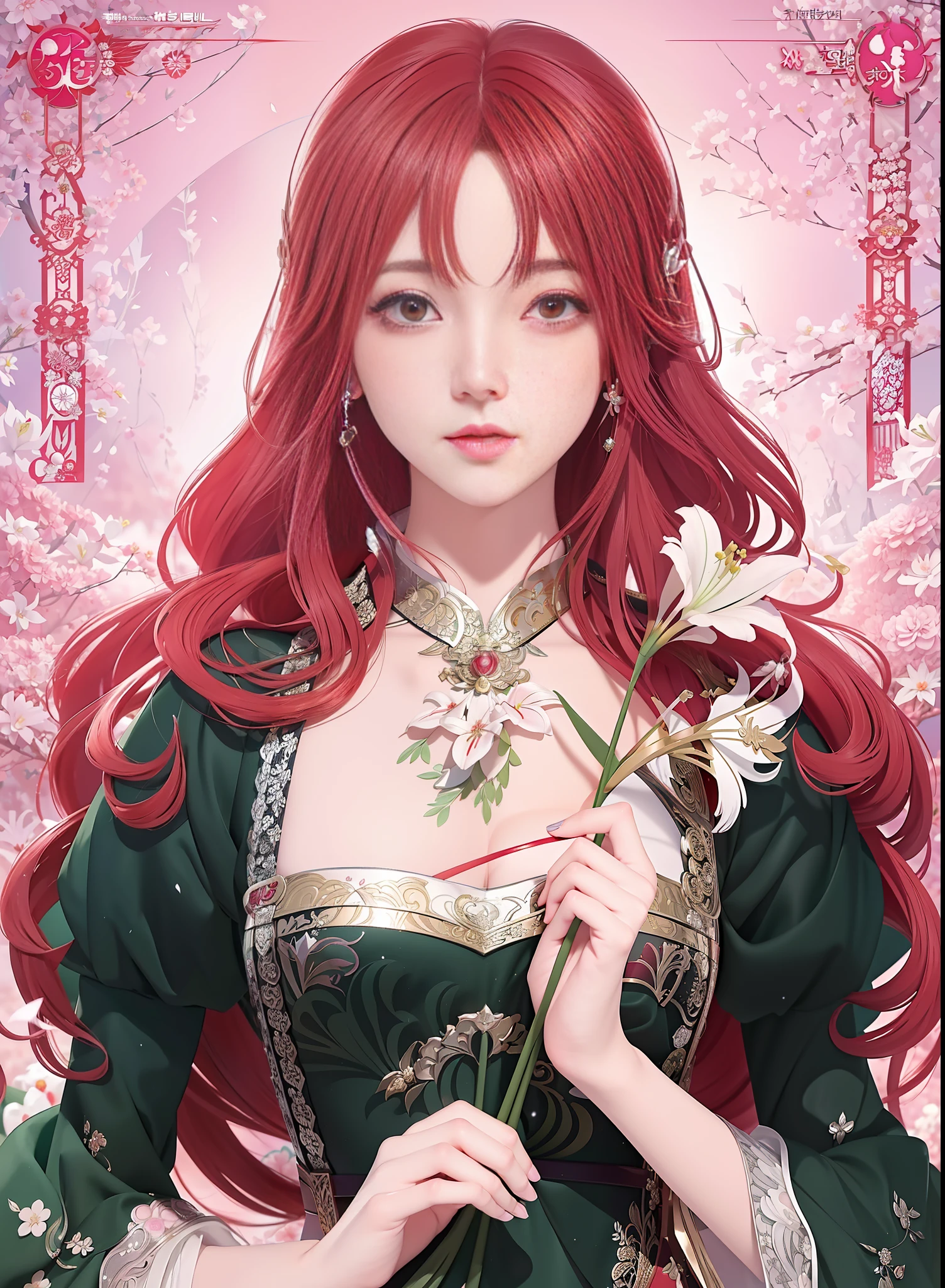 a close-up of a woman with long red hair holding a bouquet of White lilies, in the art style of bowater, anime art nouveau, korean art nouveau anime, beautiful seductive anime woman, sui ishida art manga, beautiful anime woman, marin kitagawa fanart, detailed anime character art, colored manga art, digital manga art, ((a beautiful fantasy empress))