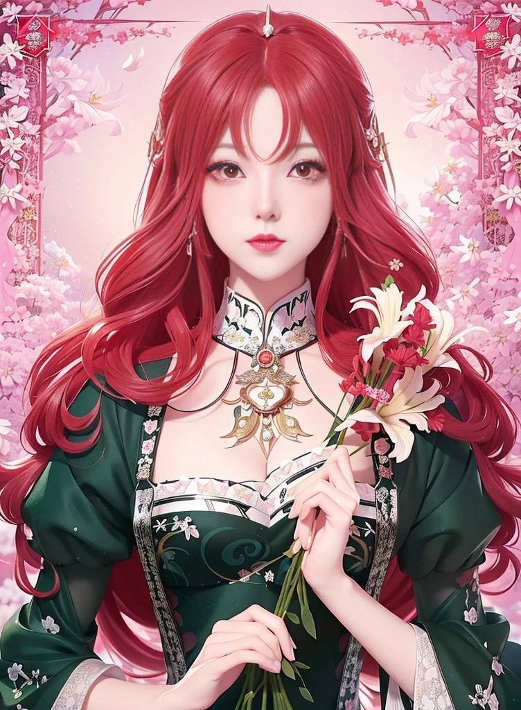 a close-up of a woman with long red hair holding a bouquet of White lilies, in the art style of bowater, anime art nouveau, korean art nouveau anime, beautiful seductive anime woman, sui ishida art manga, beautiful anime woman, marin kitagawa fanart, detailed anime character art, colored manga art, digital manga art, ((a beautiful fantasy empress))