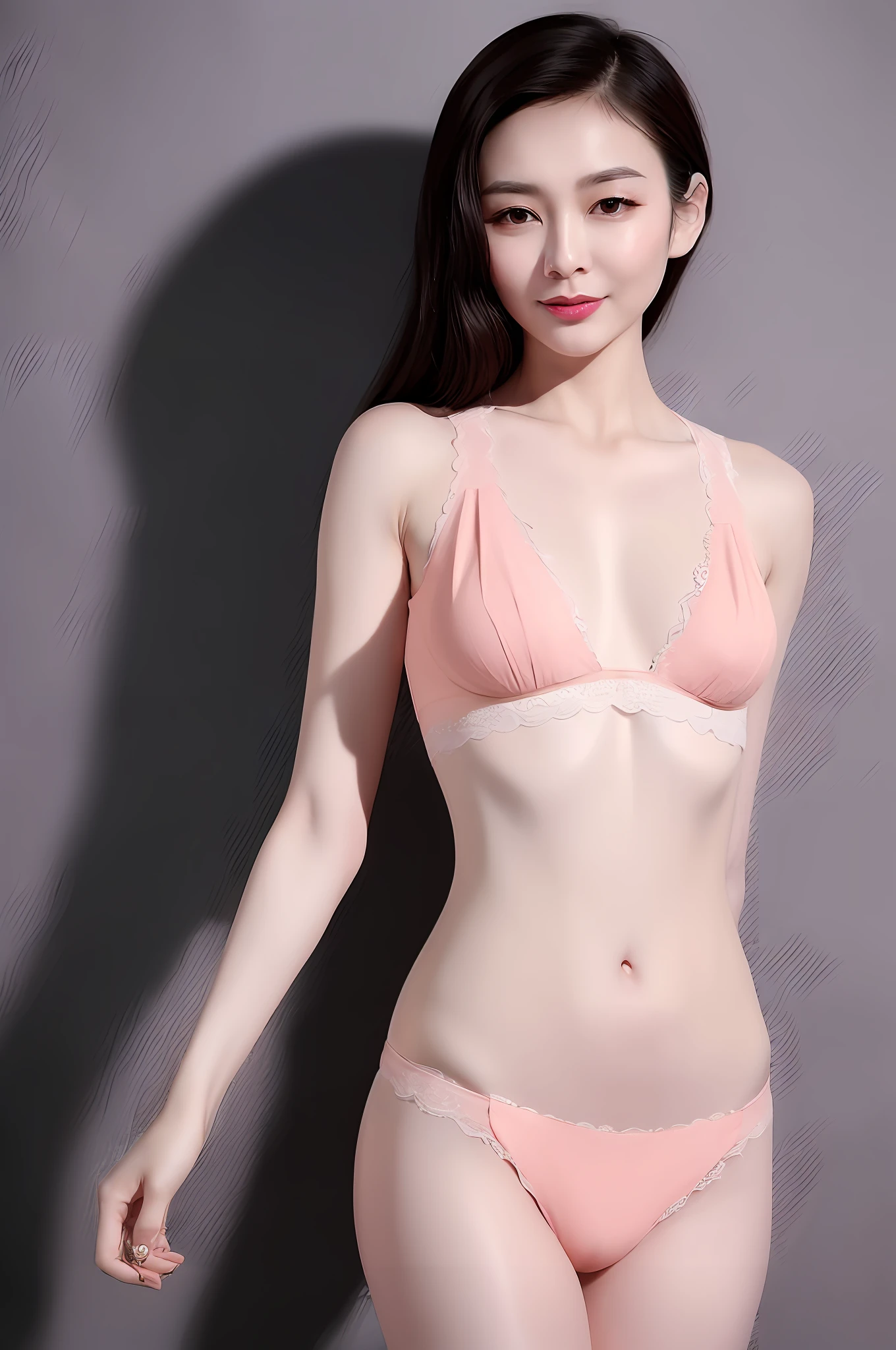 Gentle and charming Chinese woman, full body shot, delicate and sexy collarbone, charming oval face, double eyelids, vivid peach blossom eyes, pink lips, small nose, bare shoulders, focused face, face close-up, ultra-high-definition, Super details, elegant stance, pink sexy bikini