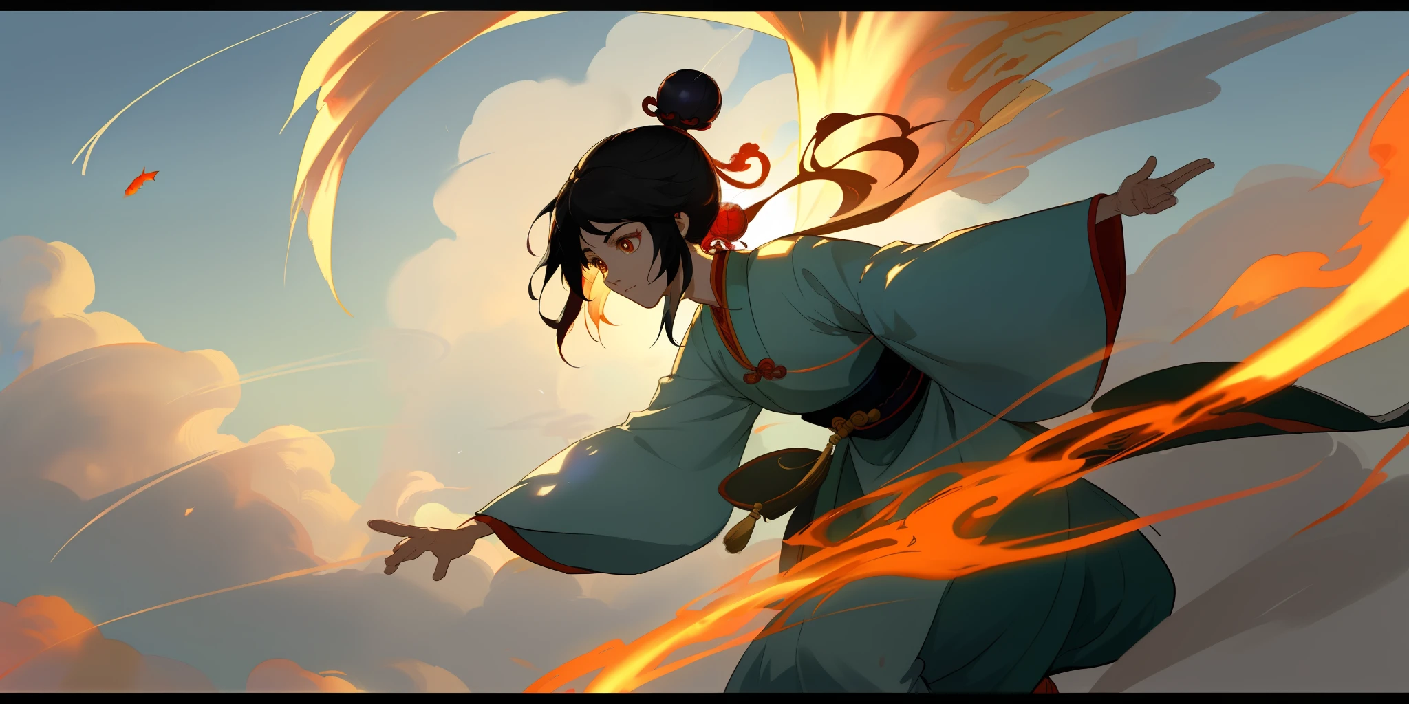 (fisheye lens: 0.2), dynamic angle, Chinese mythology, fairy tale color, colorful cloud (1girl, oriental fairy: 1.2 at white chinese-dragon), (bun, black hair, fluffy hair, Hanfu, streamer,), elegant , flowing ink, dynamic pose, (solo: 1.2), in ocean, clouds, Cinematic Lighting, Accent Lighting, dramatic_shadow, ray_tracing, film still, xianxia style,