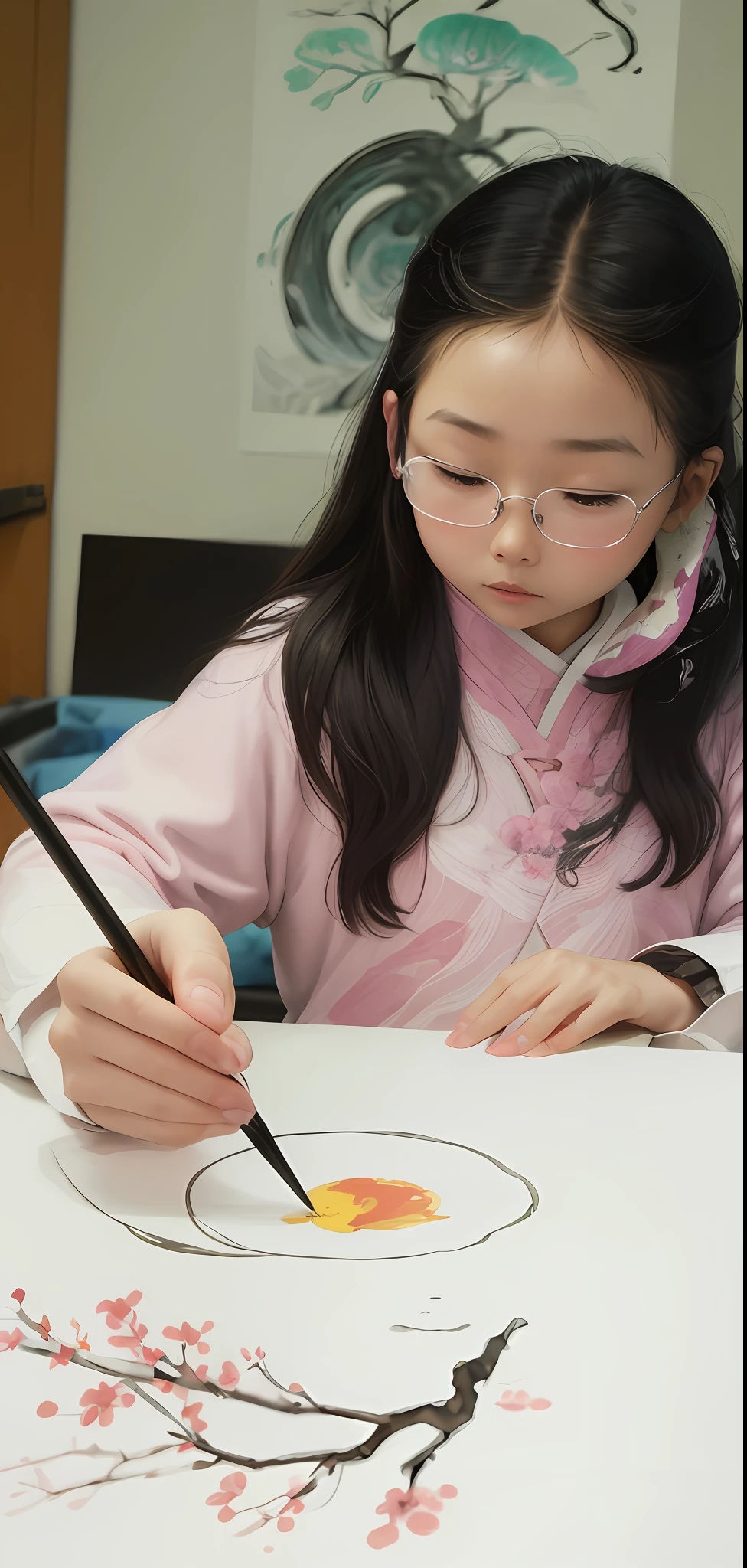 arafed asian girl drawing a picture of a bird on a tree branch, inspired by Qi Baishi, chinese ink painting, drawing, art student, chinese style painting, chinese painting style, in her art room, inspired by Zhang Xuan, kid ding, inspired by Qian Gu, inspired by Dong Qichang, drawing for children, traditional chinese ink painting