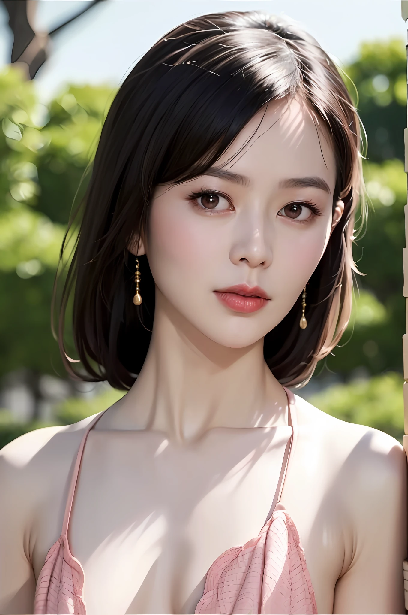 Gentle and charming Chinese woman, full body shot, delicate and sexy collarbone, charming oval face, double eyelids, vivid peach blossom eyes, pink lips, small nose, bare shoulders, focused face, face close-up, ultra-high-definition, Super details, elegant stance, pink sexy bikini