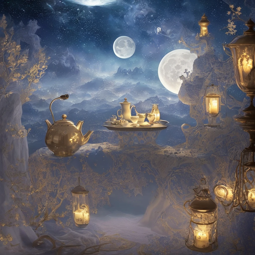 there is a teapot with a moon and stars on it, concept art by Alexander Kucharsky, behance contest winner, fantasy art, dreamy, magically shaped surrealism, dreamy art, dreamy and detailed, ✨🕌🌙, whimsical fantasy landscape art, dreamscape in a jar, detailed dreamscape, themed on the stars and moon, surreal tea party