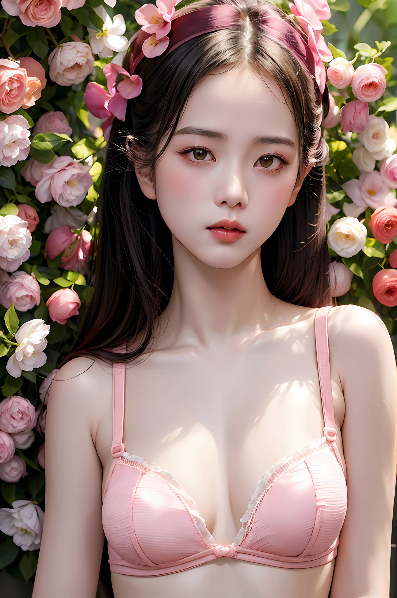 Gentle and charming Chinese woman, full body shot, delicate and sexy collarbone, charming oval face, double eyelids, vivid peach blossom eyes, pink lips, small nose, bare shoulders, focused face, face close-up, ultra-high-definition, Super details, elegant stance, pink sexy bikini