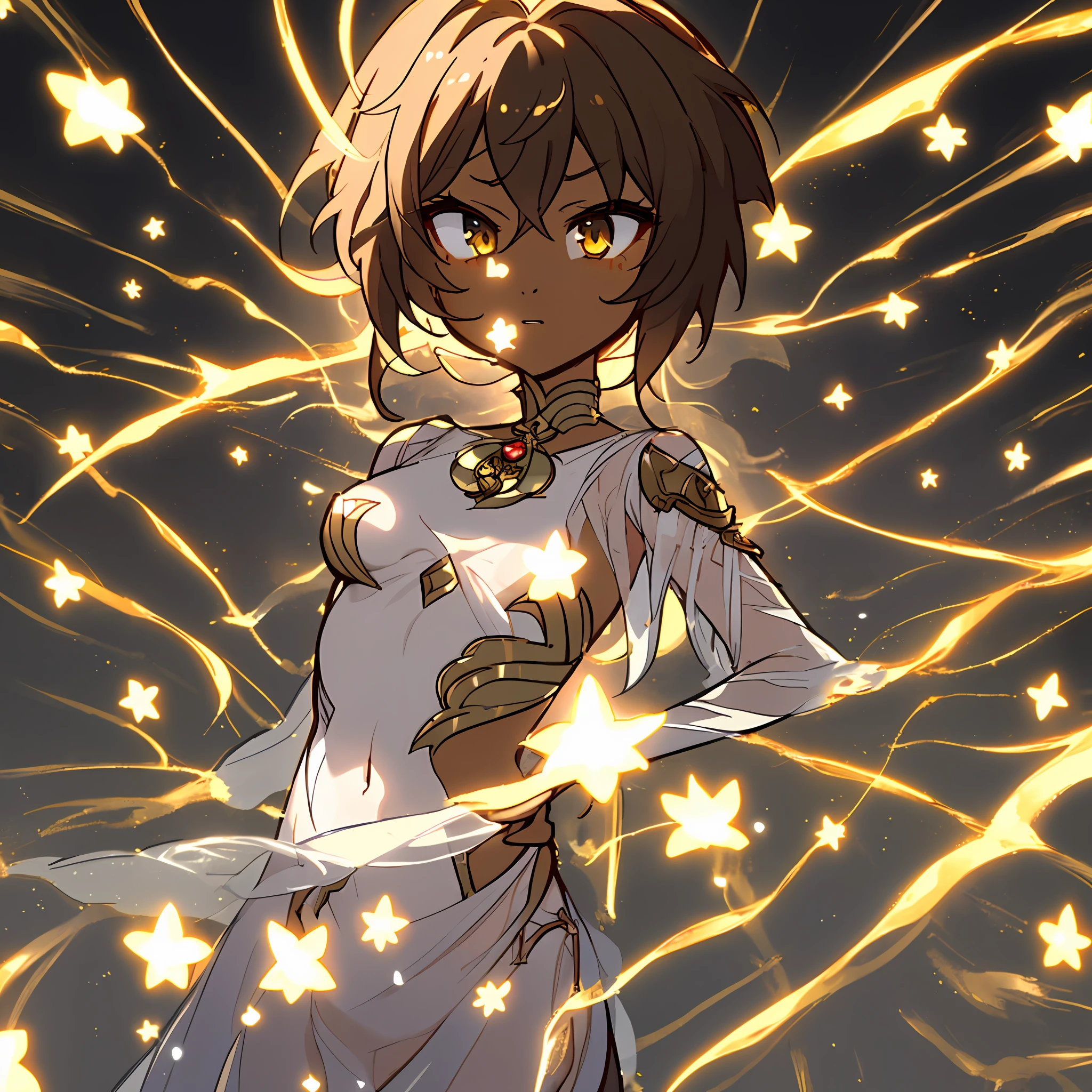 `1girl, solo, golden eyes, dark brown hair, {{{dark skin, {{{{gold, upper body, toned female, {{ribs, {{{small breasts, stomach, skinny, see-through breast curtains, nsfw, covered, {{{Yoimiya}}} {{{White bandage dress with gold stars on the front}}} High quality, masterpiece, anime, anime screencap, genshin impact, shadowverse