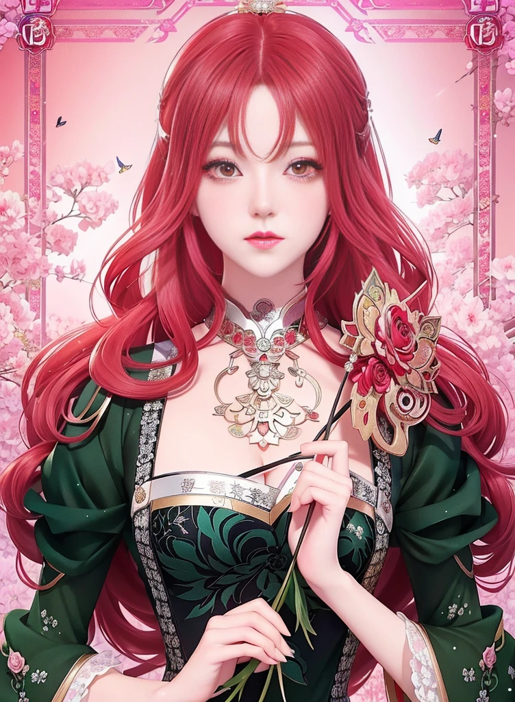 a close up of a woman with long red hair holding a rose, in the art style of bowater, anime art nouveau, korean art nouveau anime, beautiful alluring anime woman, sui ishida art manga, beautiful anime woman, marin kitagawa fanart, detailed anime character art, colored manga art, digital manga art, ((a beautiful fantasy empress))
