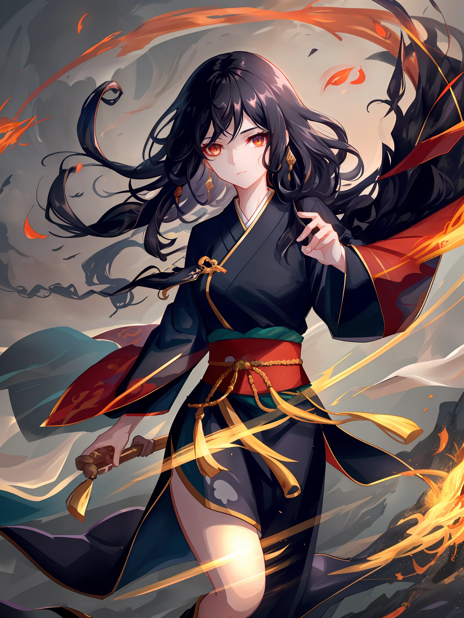 A girl with high-gloss skin and strong texture, close-up, black hair, fluffy hair, Hanfu, streamers, flowing ink, scattered energy, riding a Chinese dragon, background landscape waterfall, global illumination, rich details