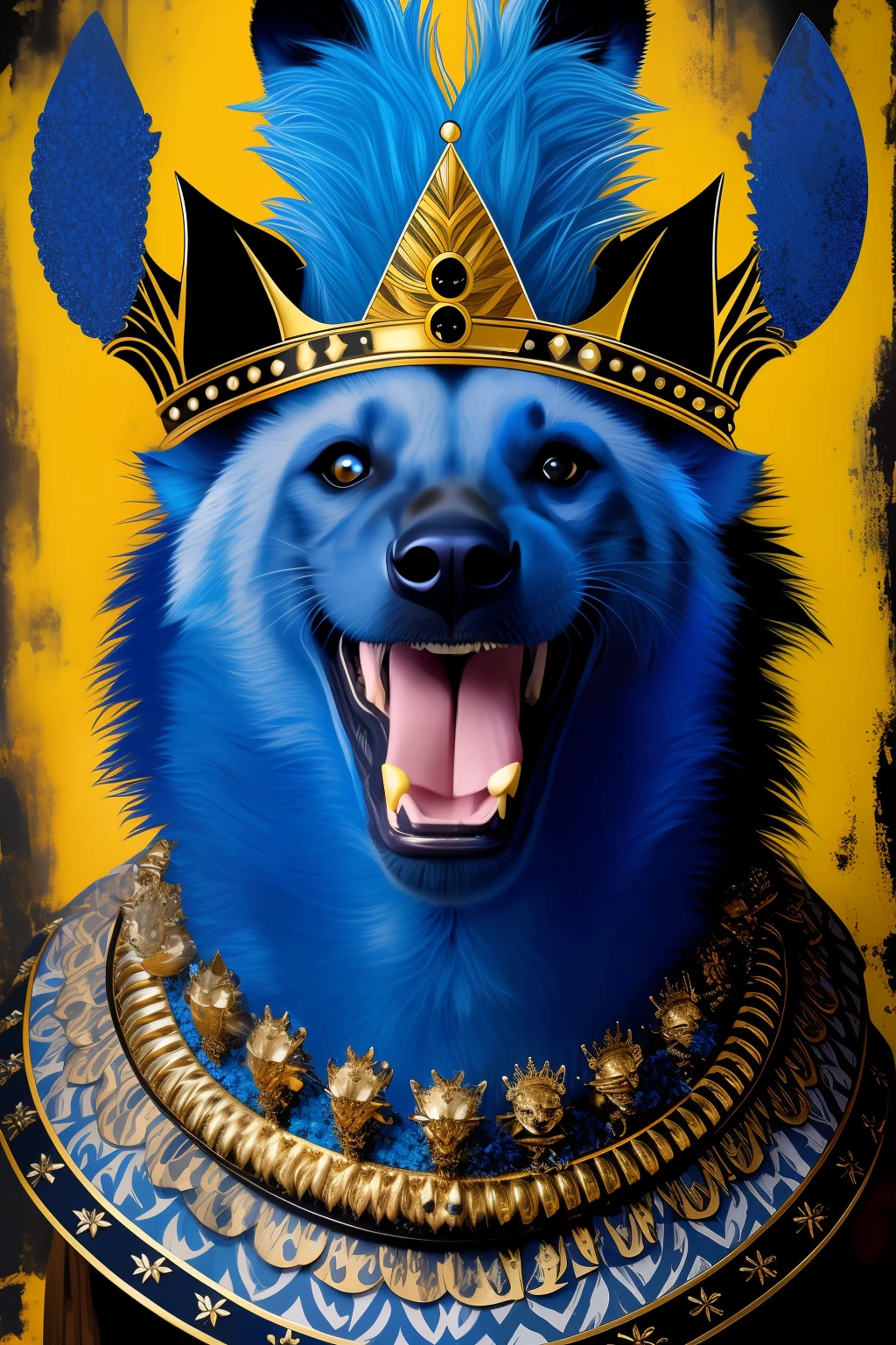 full-face portrait of laughing hyena wearing a large crown, blue and black color scheme, sinCity_iamYork