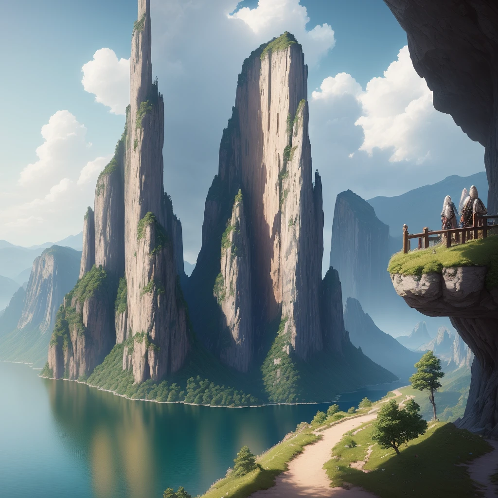 Masterpiece, best quality, high quality, extremely detailed CG unity 8k wallpaper, landscape, outdoor, sky, cloud, sky, no humans, mountain, landscape, water, tree, blue sky, waterfall, cliff, nature, lake, river , cloudy skies, award winning photography, bokeh, depth of field, HDR, bloom, chromatic aberration, photorealism, very detailed, trending on artstation, trending on CGsociety, intricate, high detail, dramatic, midjourney art